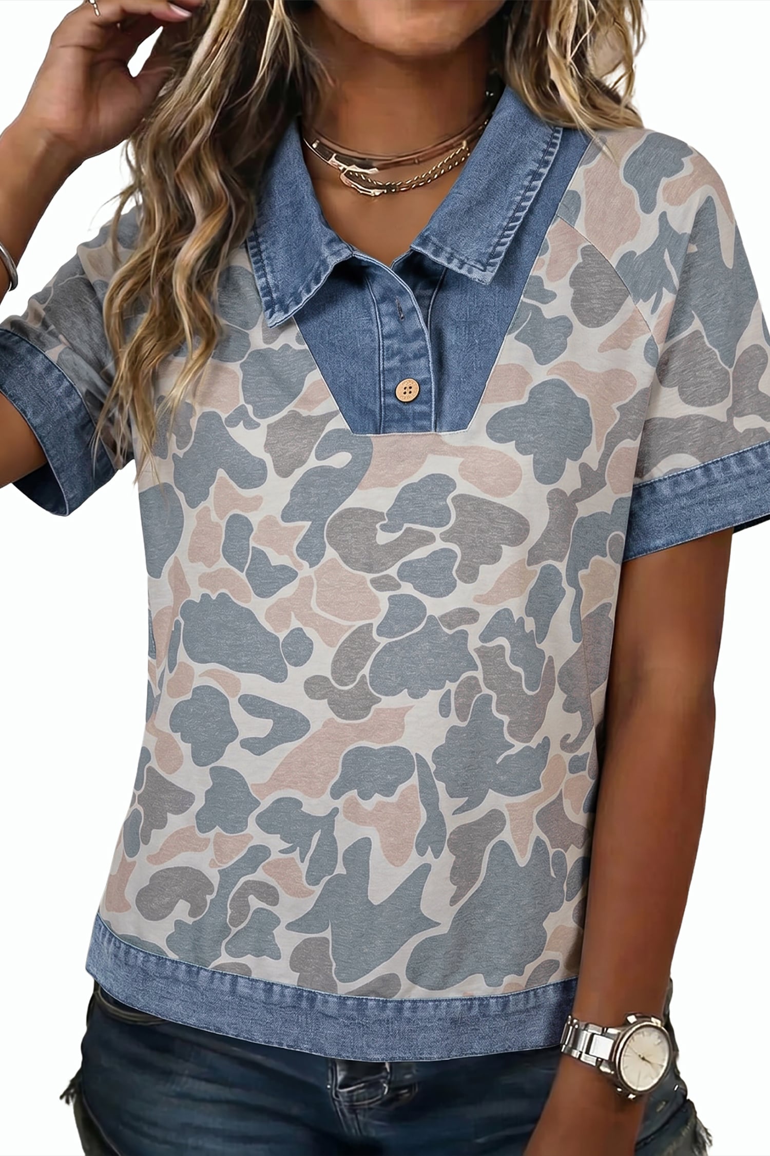 Multicolour Camouflage Print Denim Patchwork Polo Collar Tee