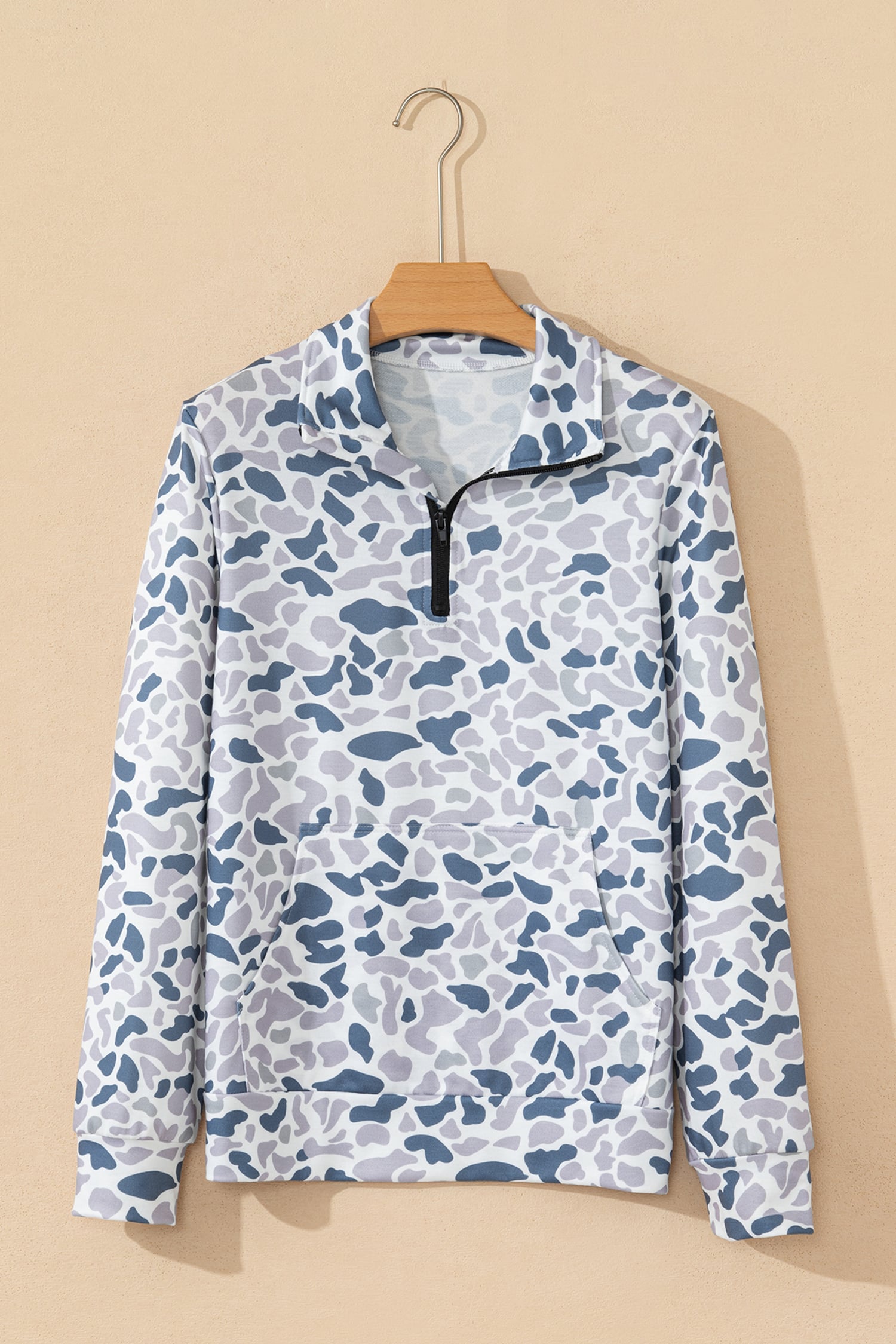 Multicolour Camouflage Print Kangaroo Pocket Zip Collar Pullover Sweatshirt