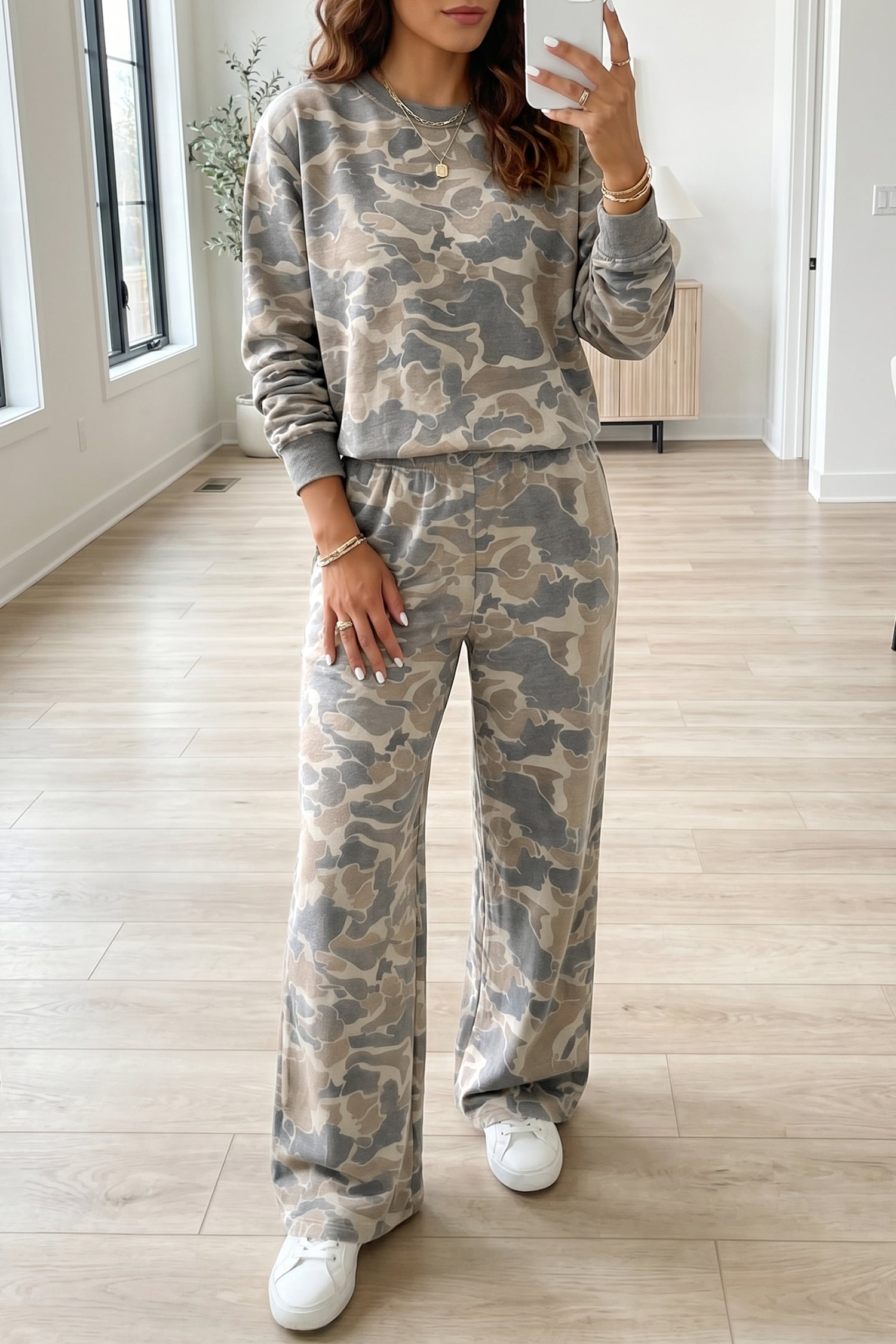 Multicolour Camouflage Print Long Sleeve Top Loose 2pcs Pants Set