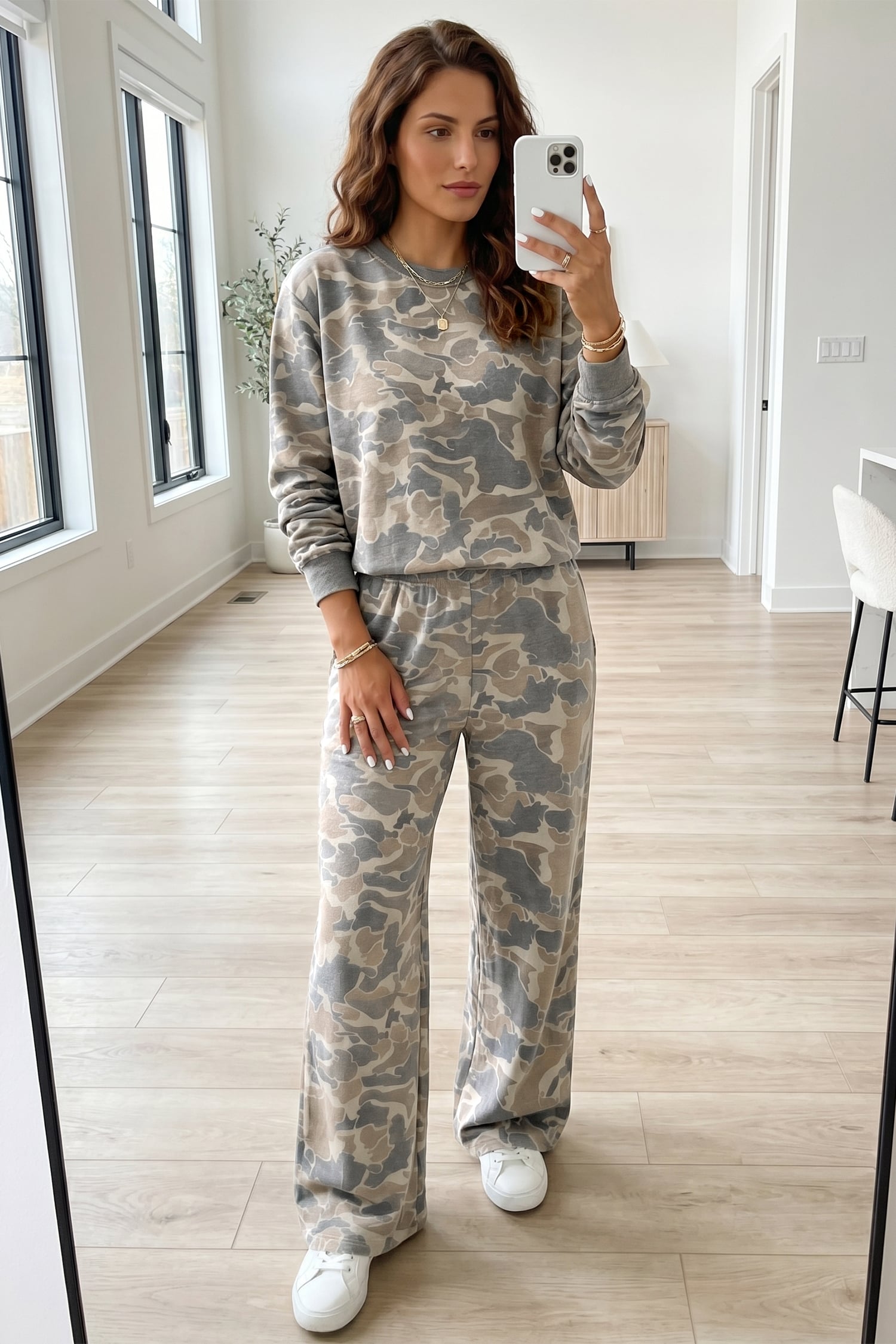 Multicolour Camouflage Print Long Sleeve Top Loose 2pcs Pants Set