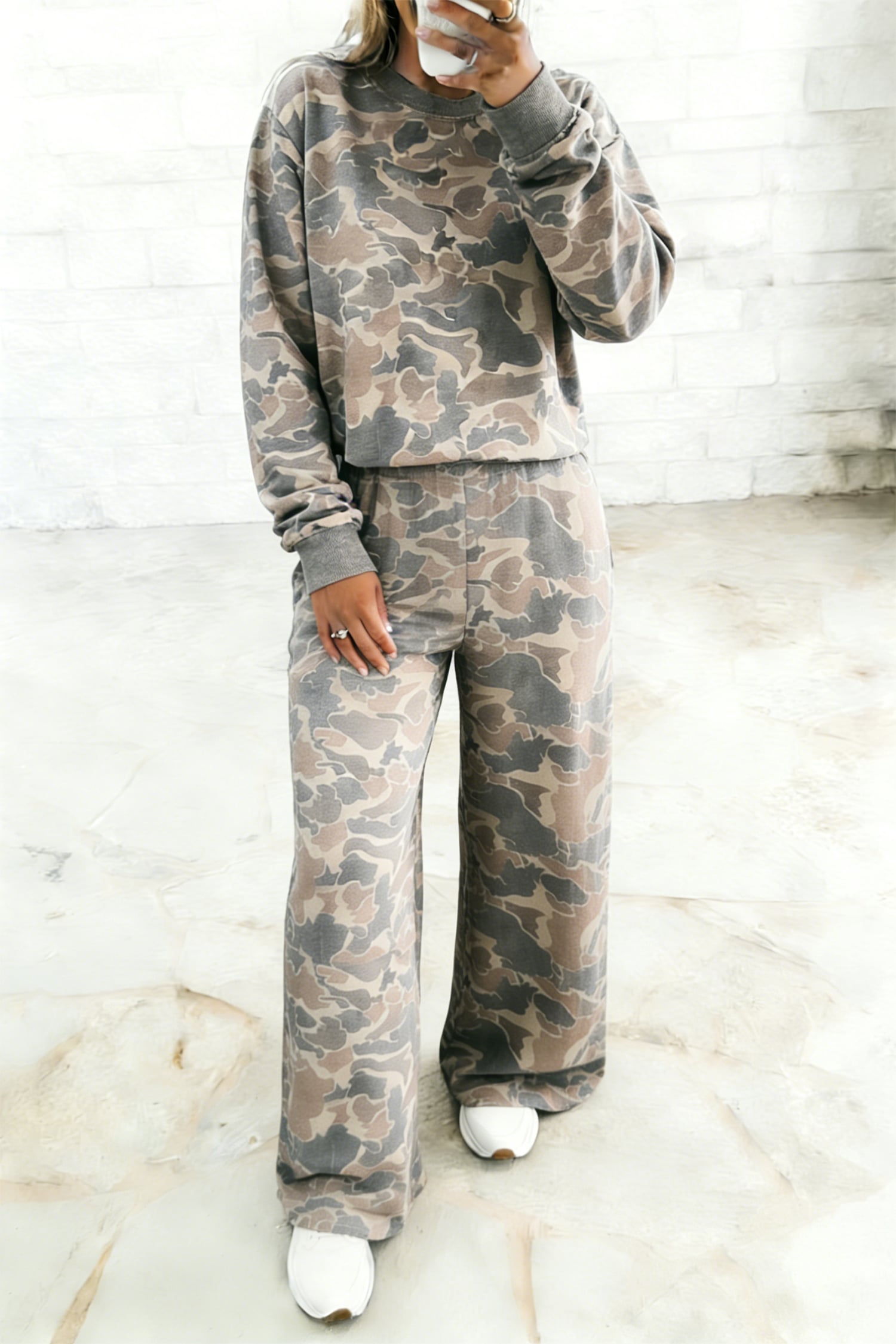 Multicolour Camouflage Print Long Sleeve Top Loose 2pcs Pants Set