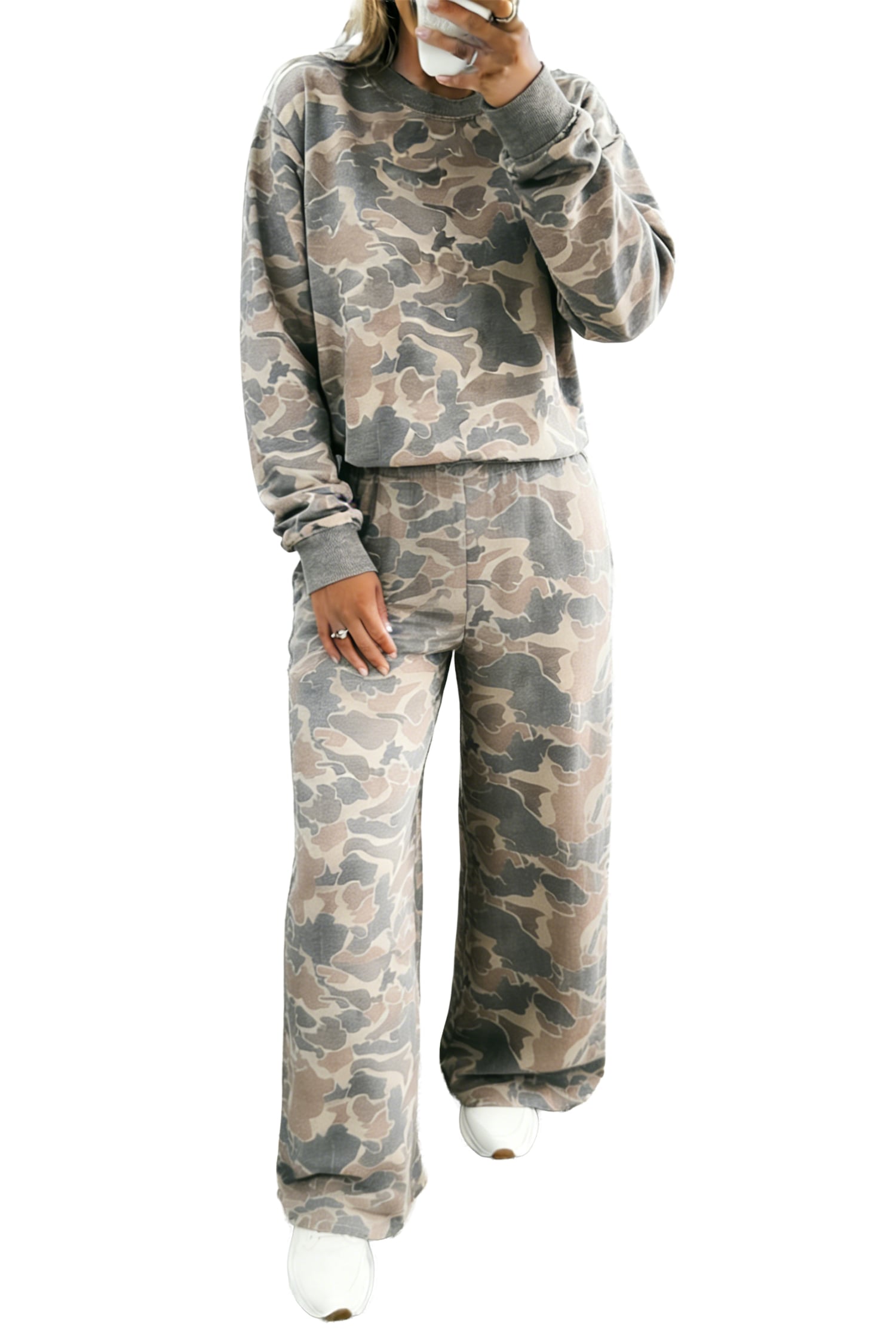 Multicolour Camouflage Print Long Sleeve Top Loose 2pcs Pants Set