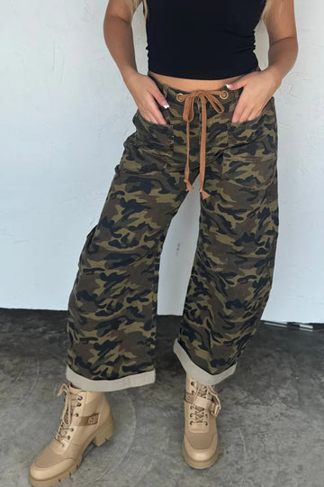 Multicolour Camouflage Print Retro Grommet Tie Waist Loose Jeans
