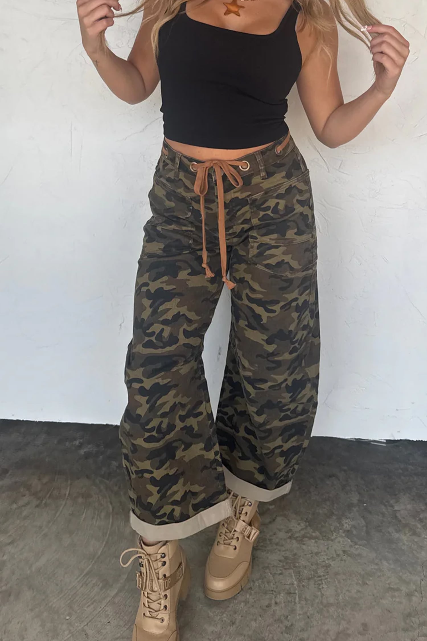 Multicolour Camouflage Print Retro Grommet Tie Waist Loose Jeans