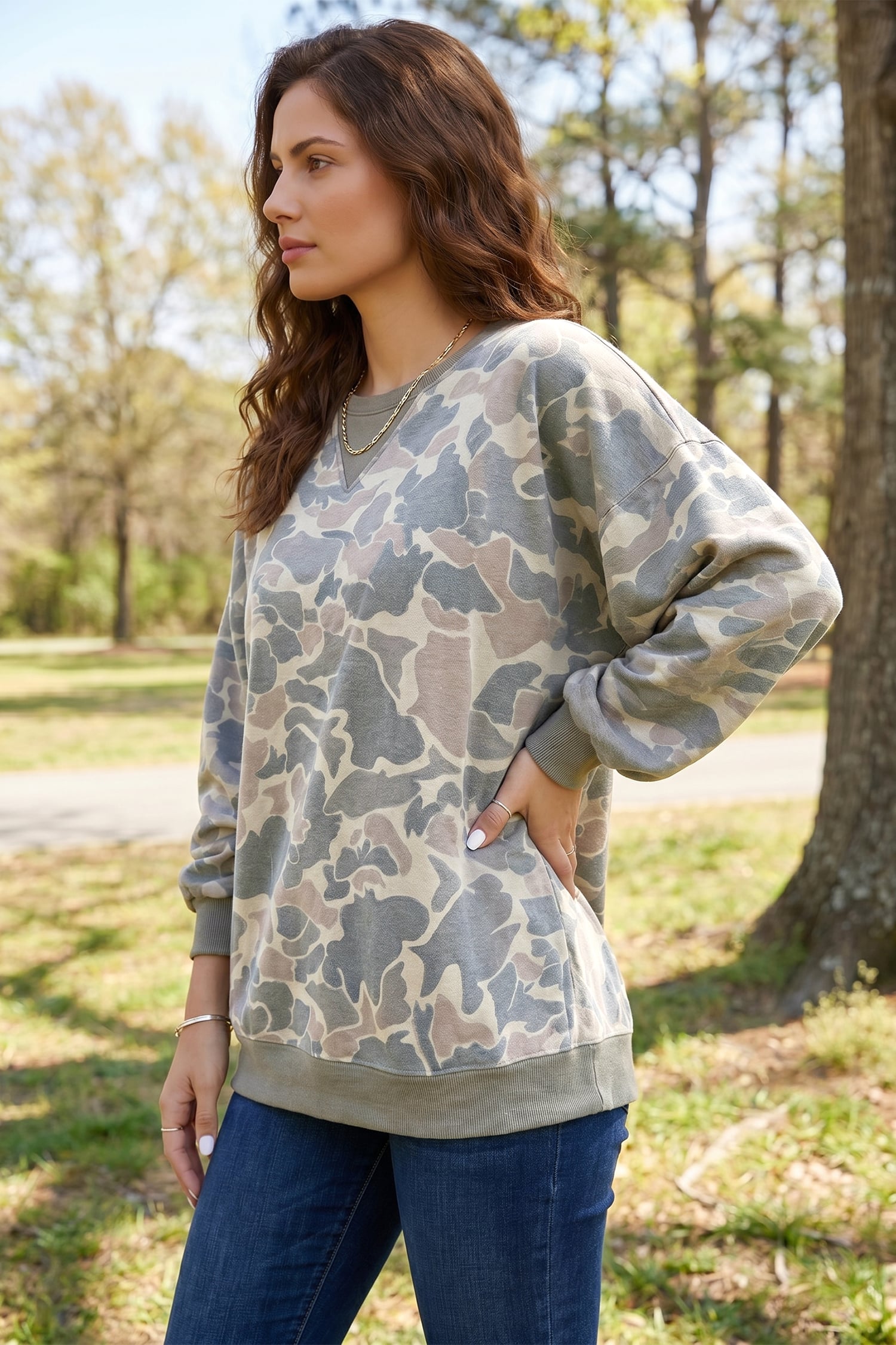 Multicolour Camo Print Ribbed Trim Casual Pullover Sweatshirt