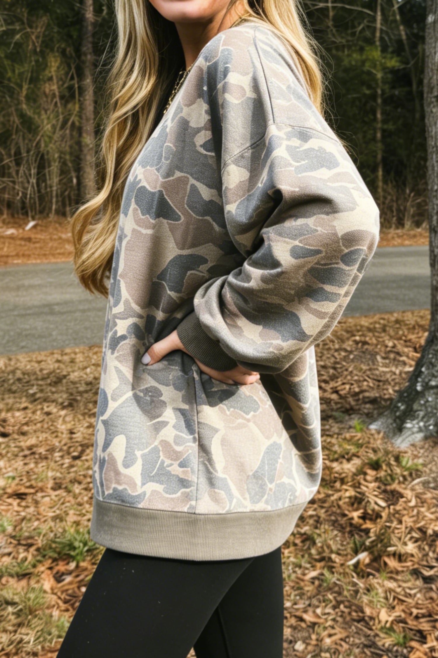 Multicolour Camo Print Ribbed Trim Casual Pullover Sweatshirt