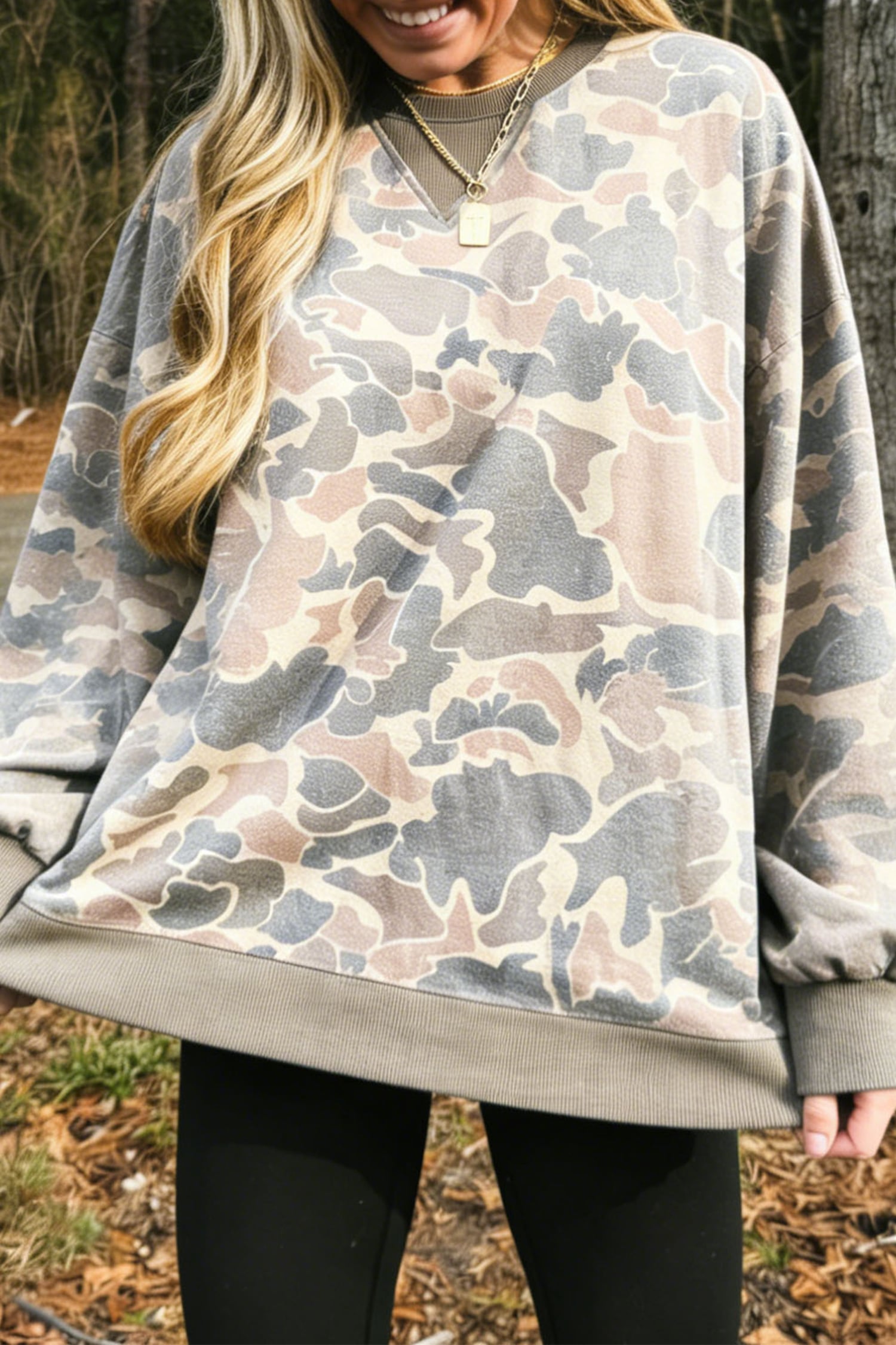 Multicolour Camo Print Ribbed Trim Casual Pullover Sweatshirt