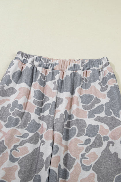 Multicolour Camouflage Short Sleeve Top and High Waist Wide Leg Pants Set