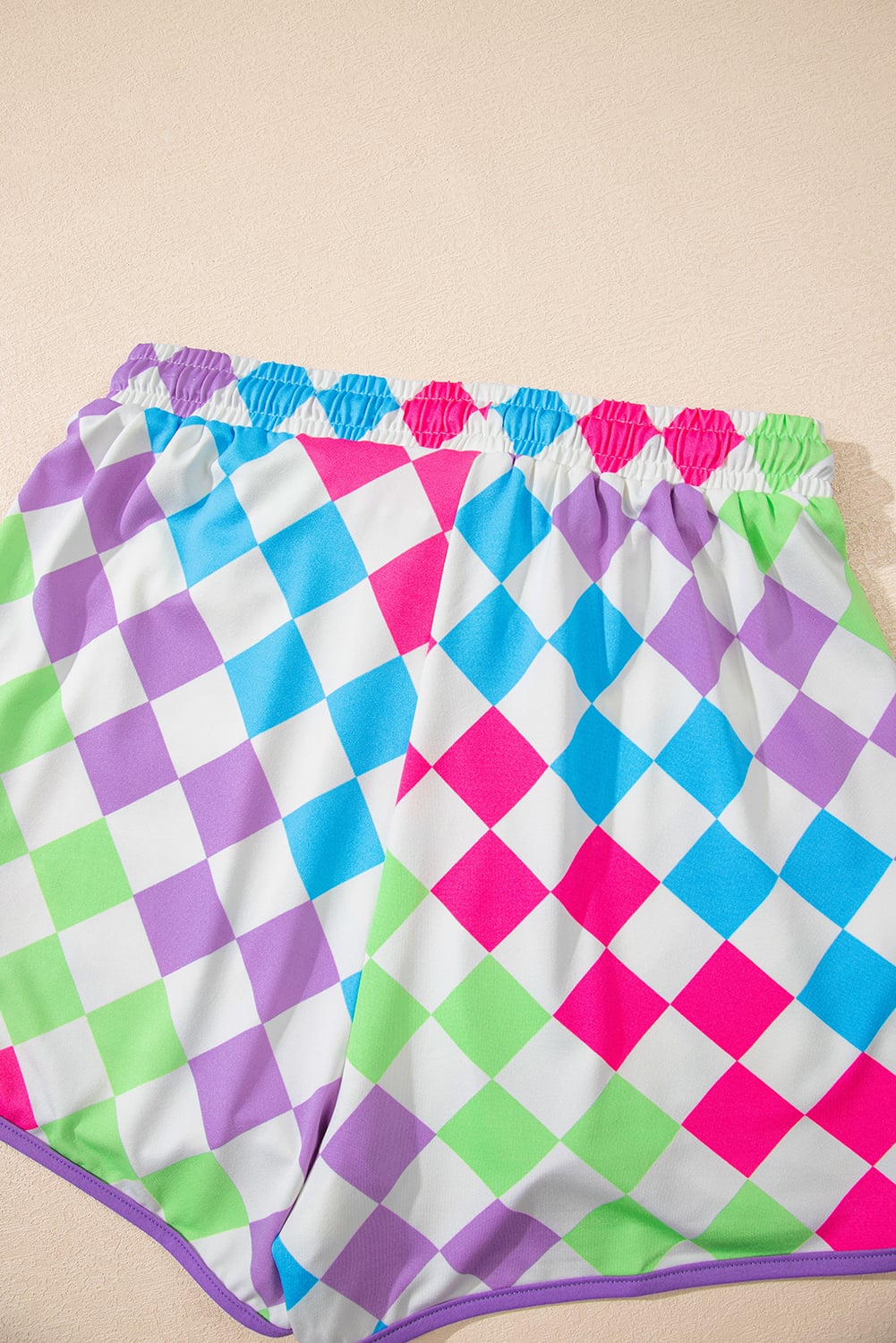 Multicolour Checkered Drawstring Elastic Waist Casual Shorts