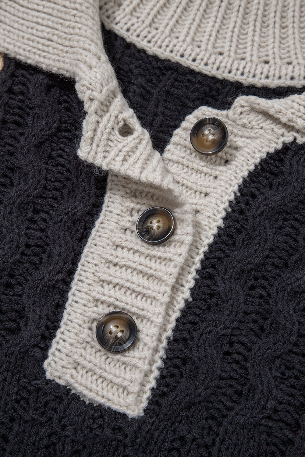 Multicolour Color Block Cable Knit Sleeve Buttons Collared Sweater