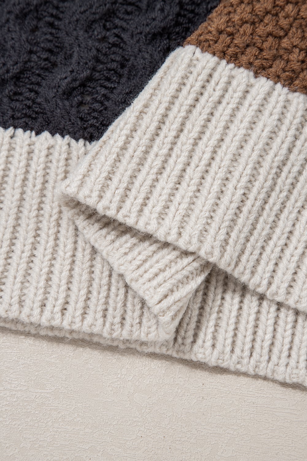 Multicolour Color Block Cable Knit Sleeve Buttons Collared Sweater
