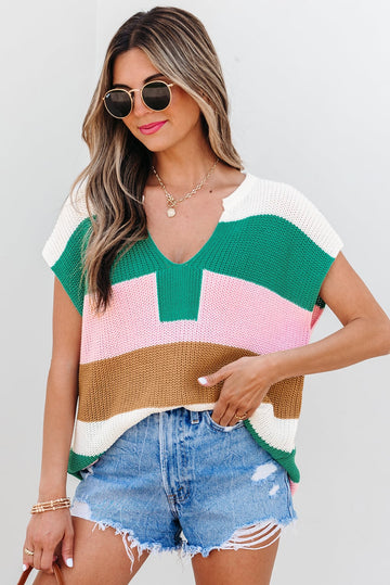 Multicolour Color Block Notch V Neck Sweater T Shirt