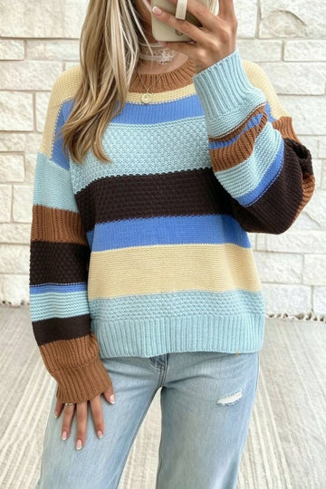 Multicolour Color Block Striped Round Neck Relaxed Sweater