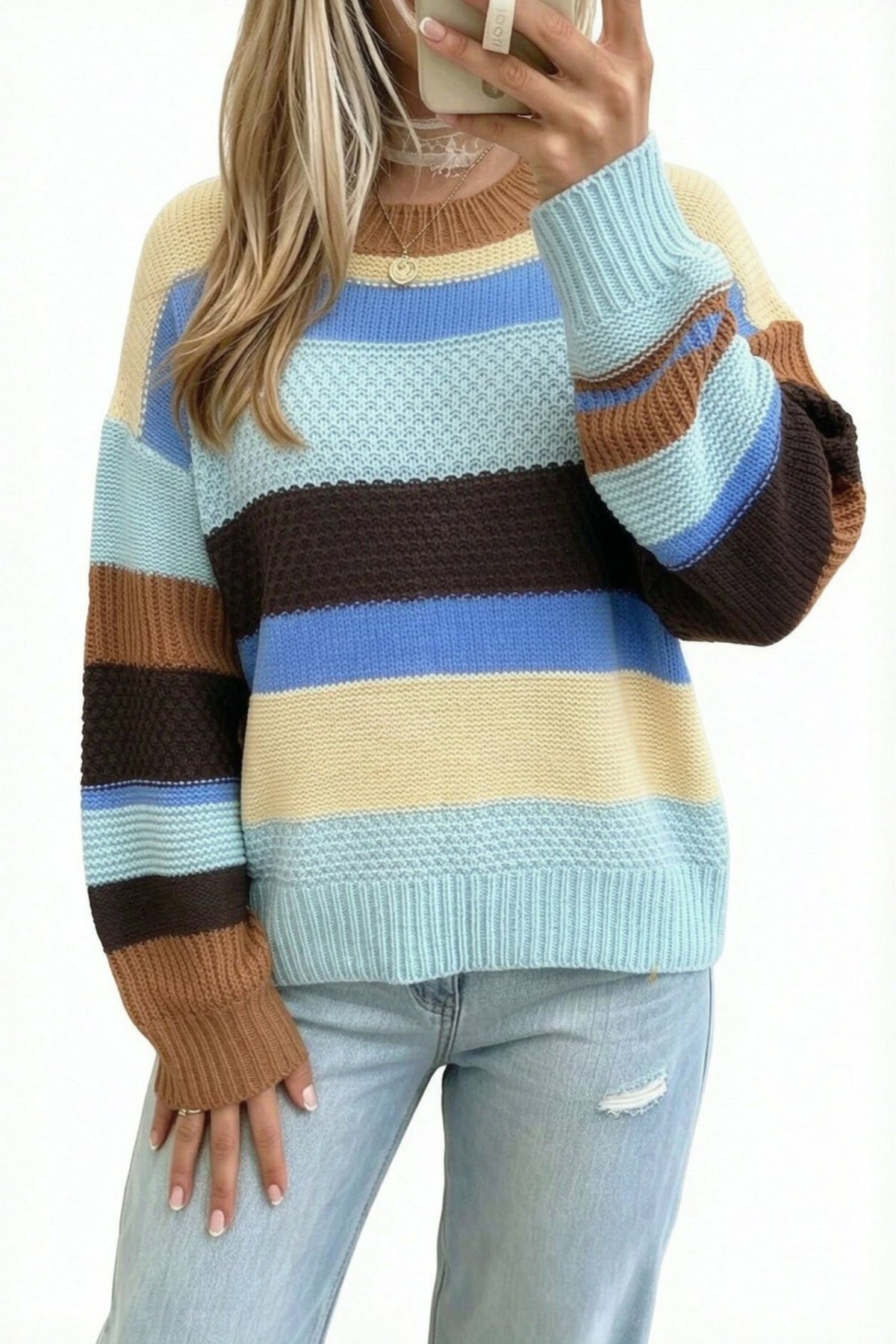Multicolour Color Block Striped Round Neck Relaxed Sweater
