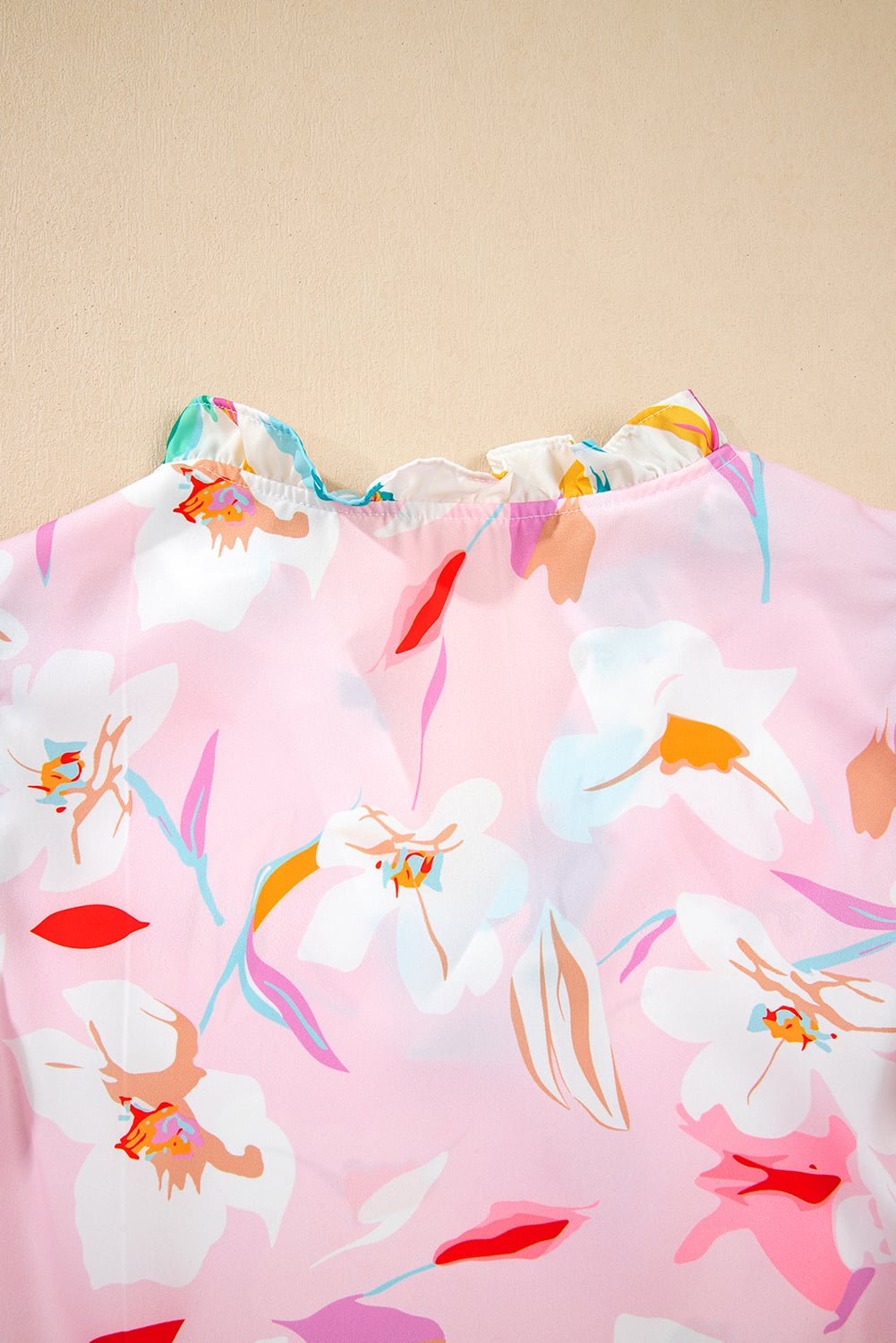 Multicolour Contrast Floral Patchwork Notched Neck Flutter Sleeve Blouse