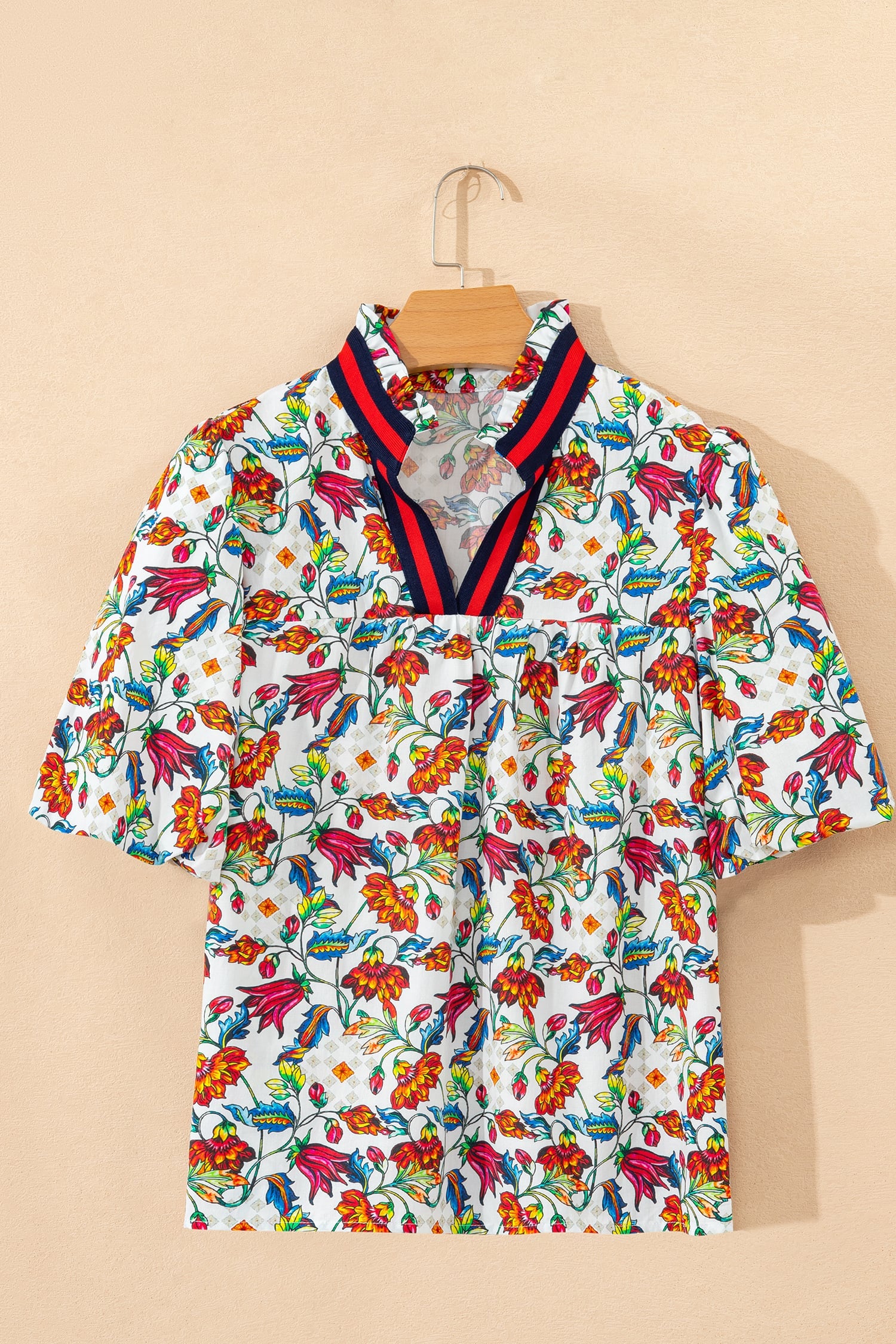 Multicolour Contrasted V Neckline Floral Puff Short Sleeve Blouse