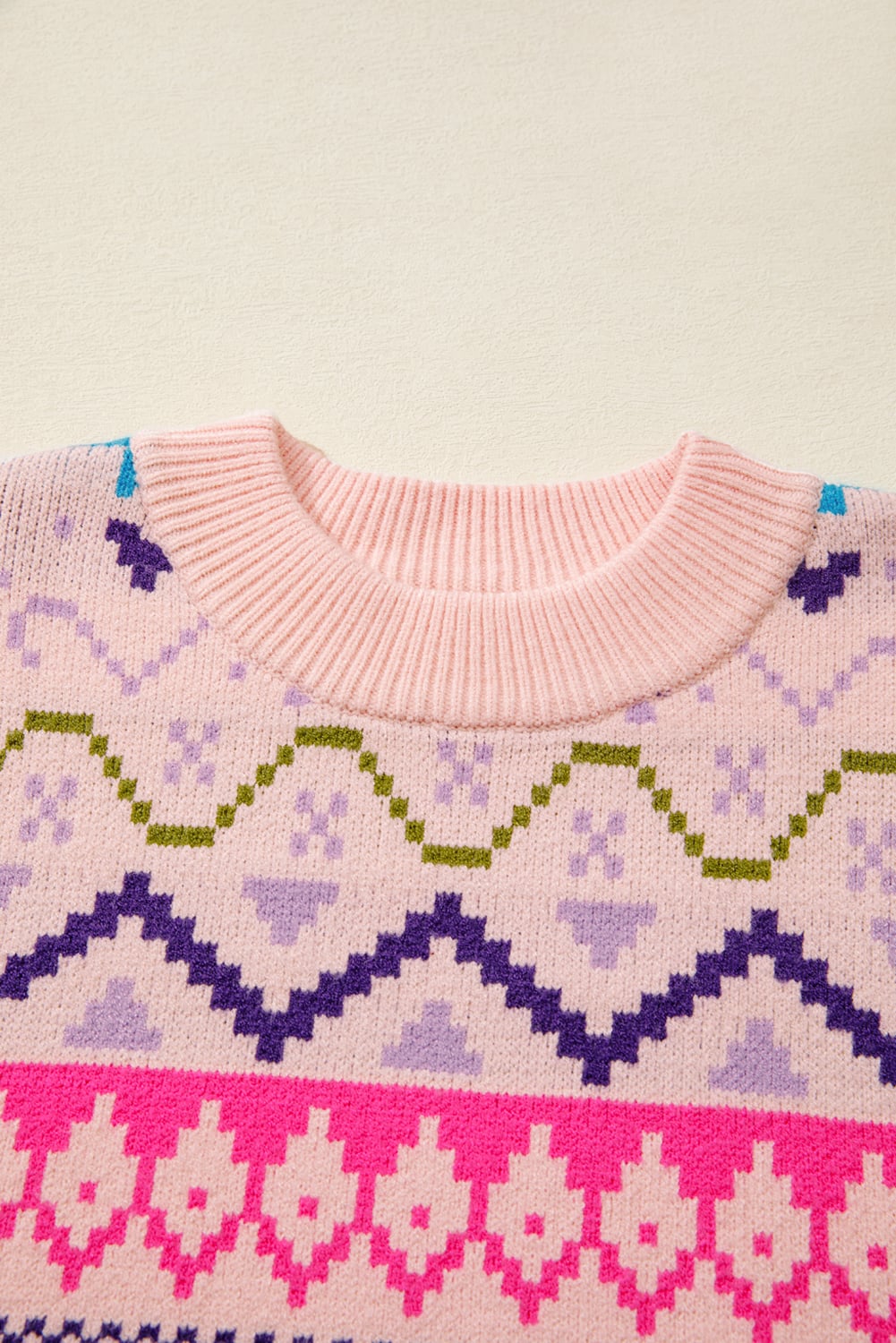 Multicolour Ethnic Christmas Pattern Knit Feather Cuffed Sweater