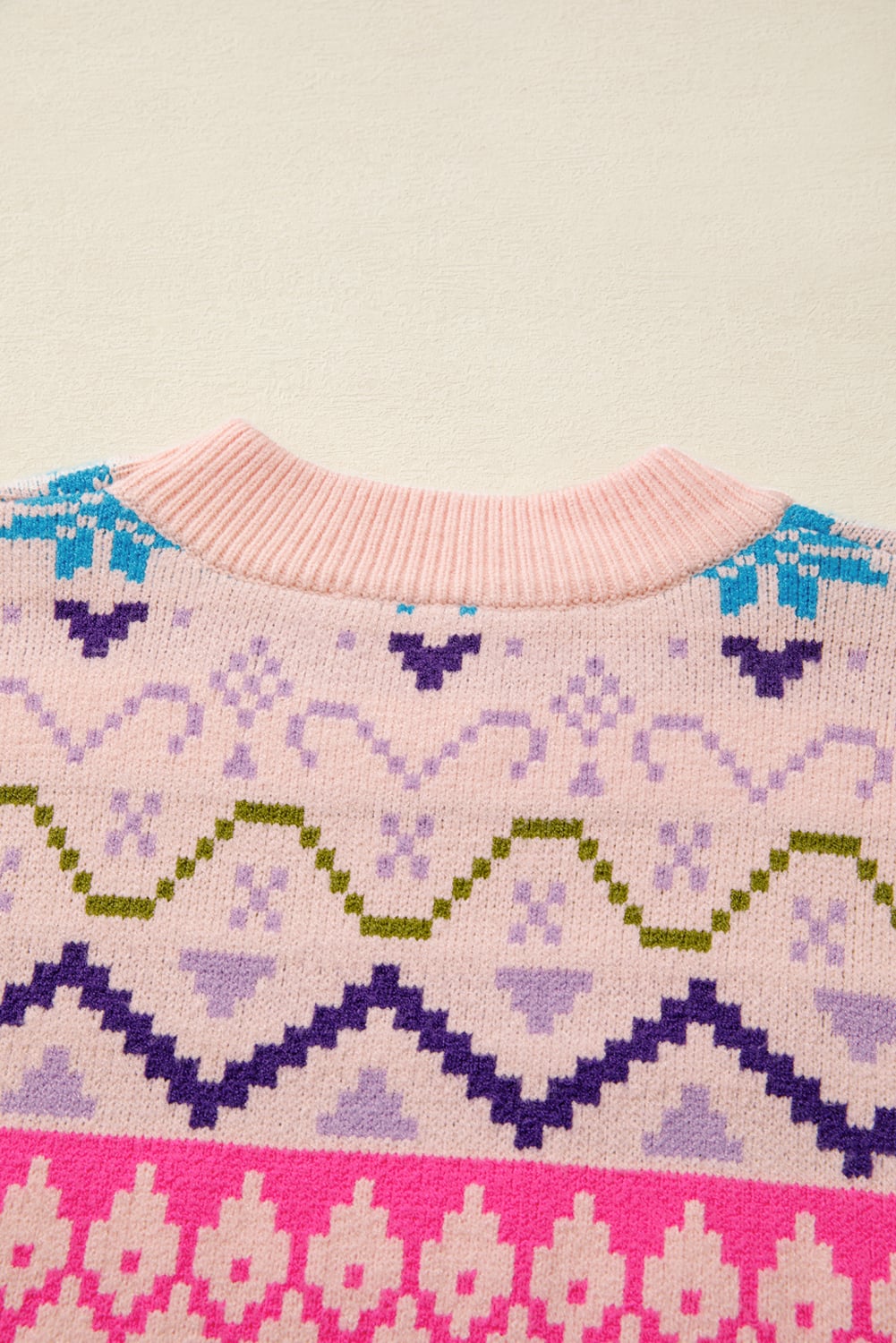 Multicolour Ethnic Christmas Pattern Knit Feather Cuffed Sweater