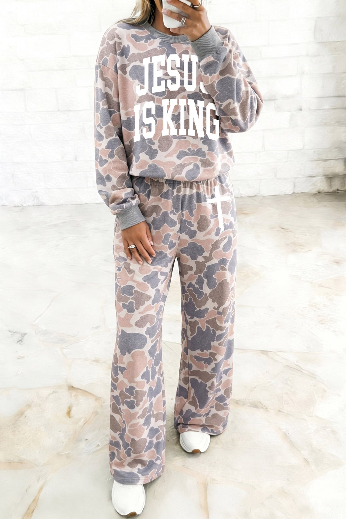 Multicolour Faith Camo Slogan Long Sleeve Pullover Pants Set