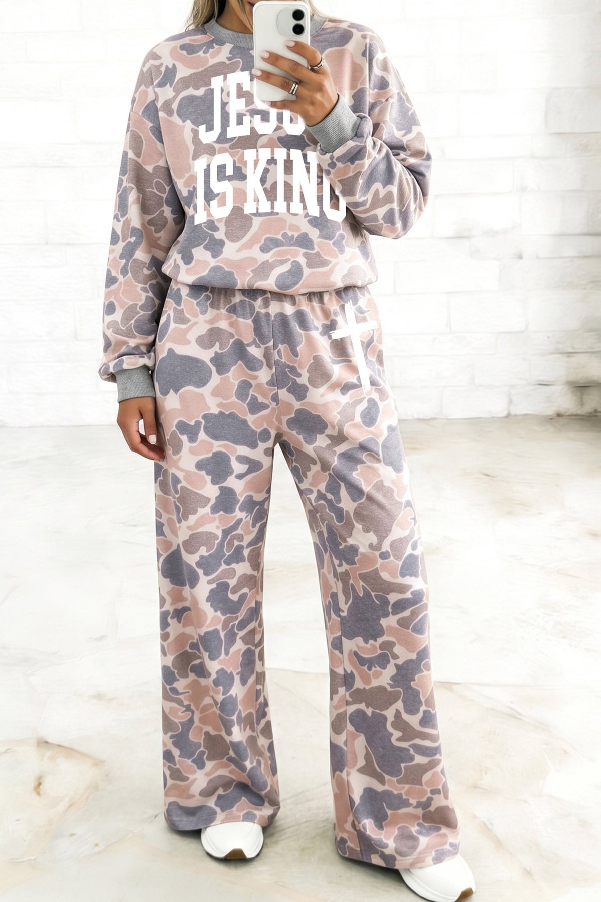 Multicolour Faith Camo Slogan Long Sleeve Pullover Pants Set
