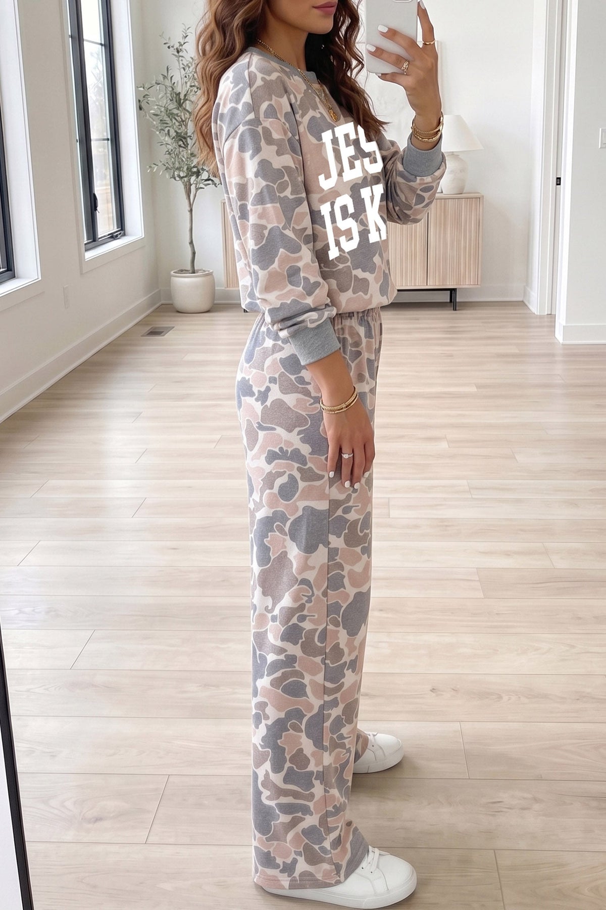 Multicolour Faith Camo Slogan Long Sleeve Pullover Pants Set