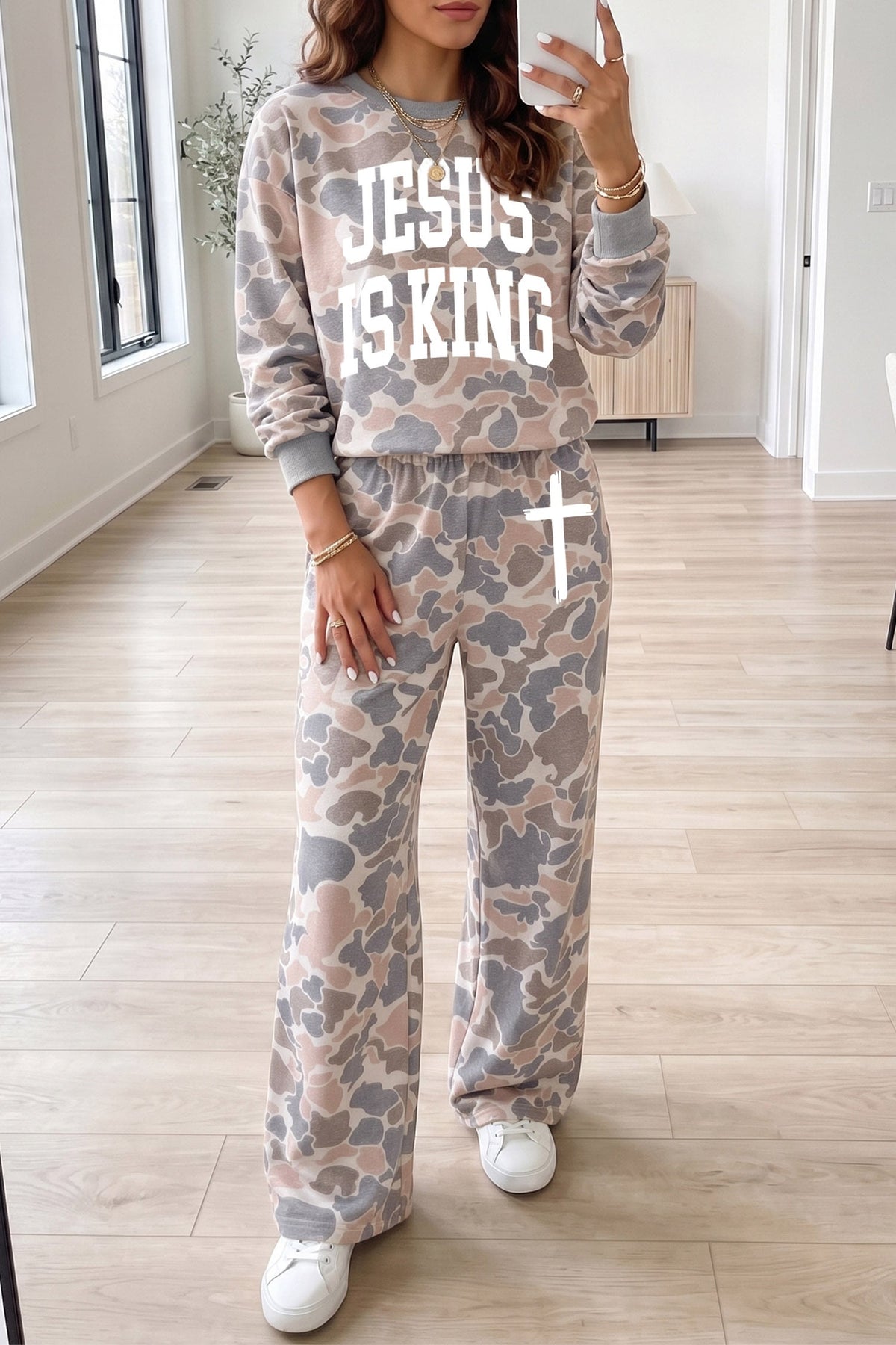 Multicolour Faith Camo Slogan Long Sleeve Pullover Pants Set