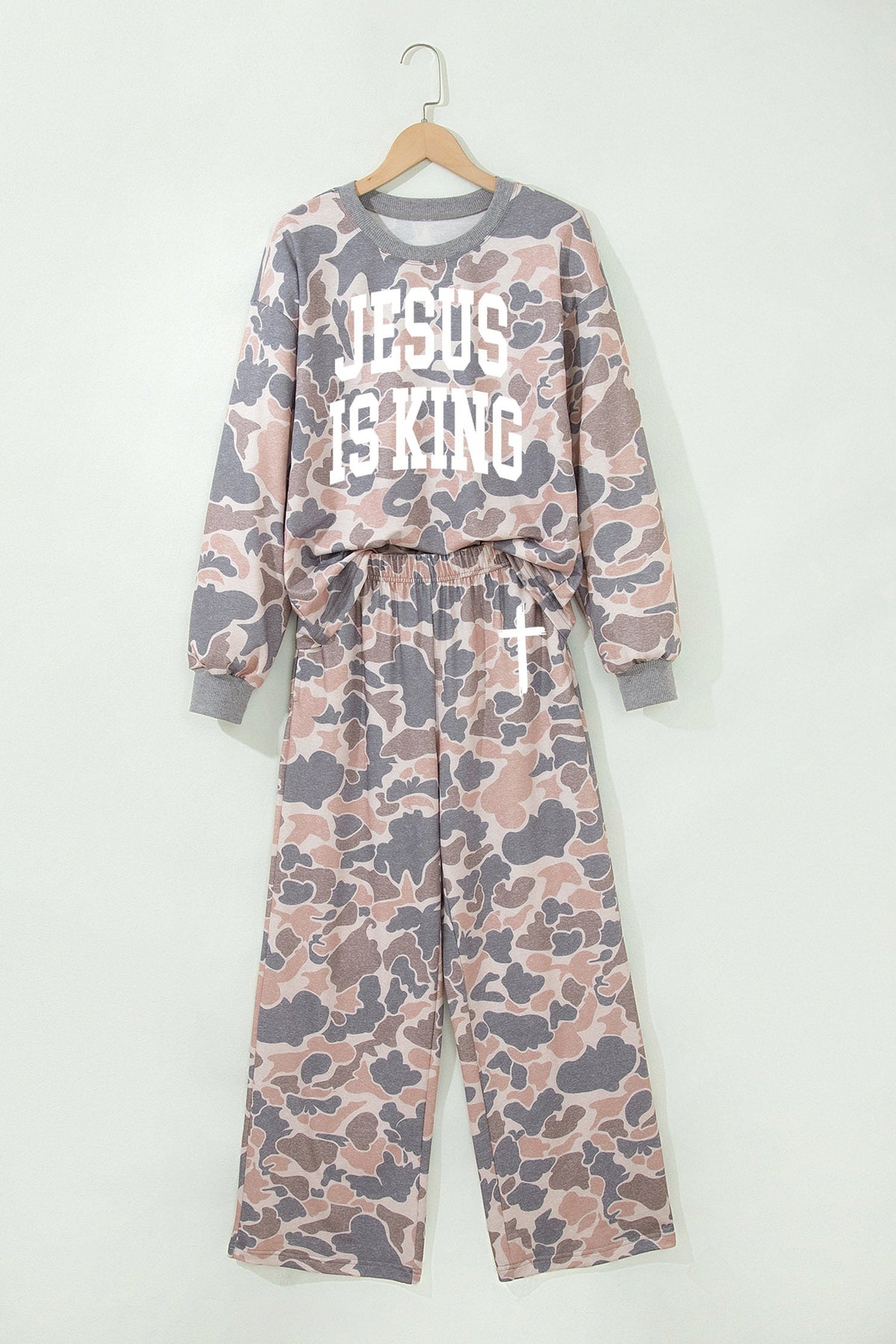 Multicolour Faith Camo Slogan Long Sleeve Pullover Pants Set