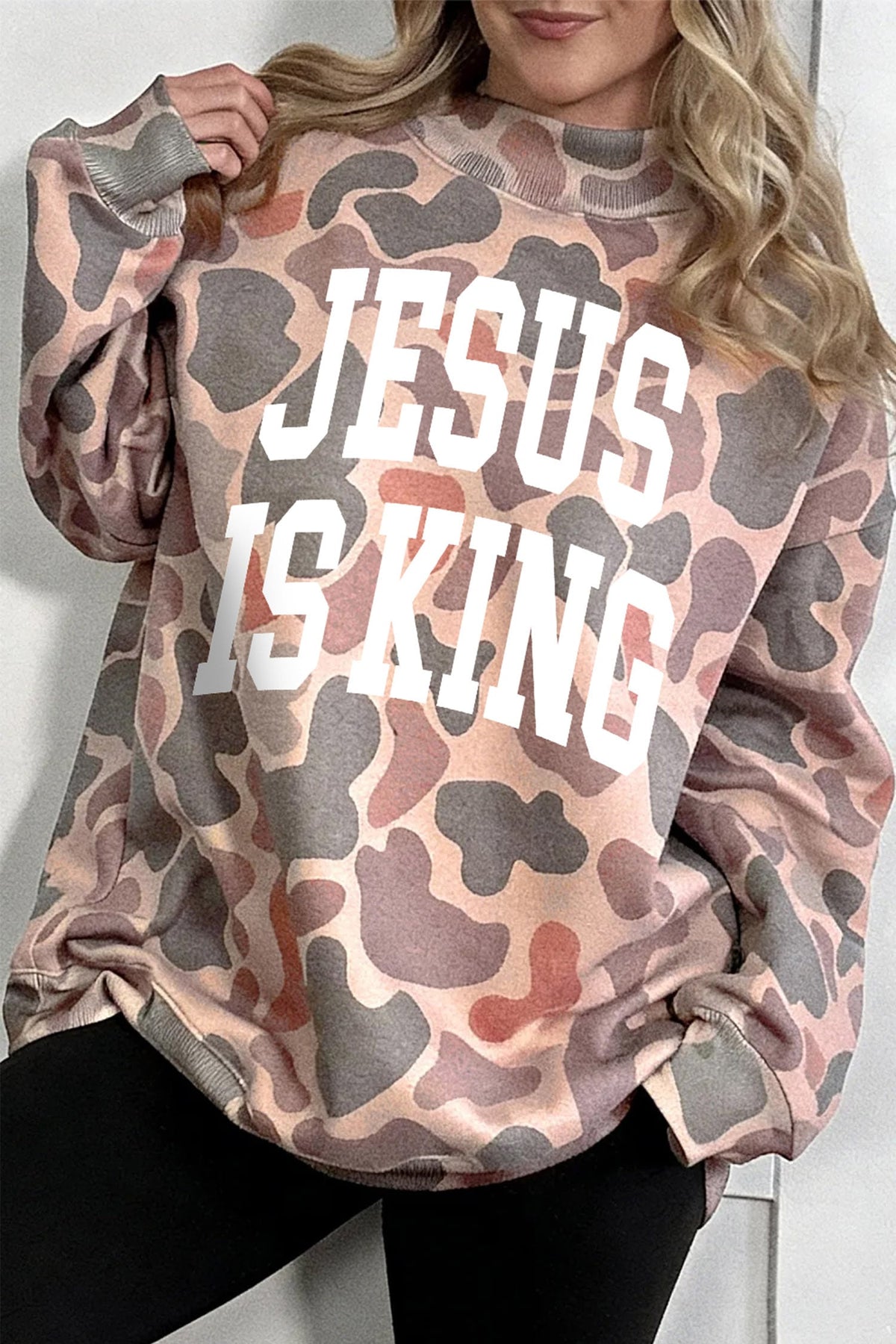 Multicolour Faith Camo Slogan Mock Neck Pullover Sweatshirt
