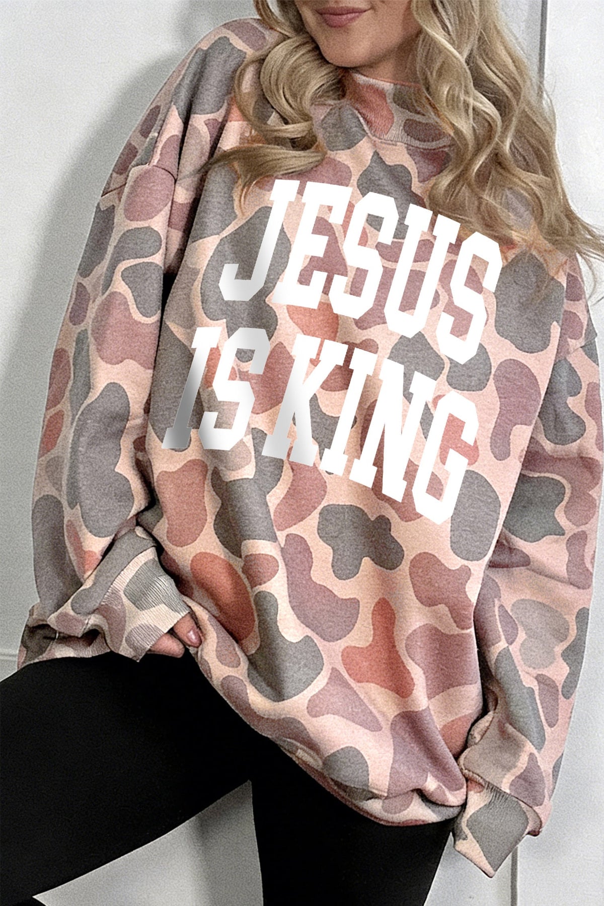 Multicolour Faith Camo Slogan Mock Neck Pullover Sweatshirt