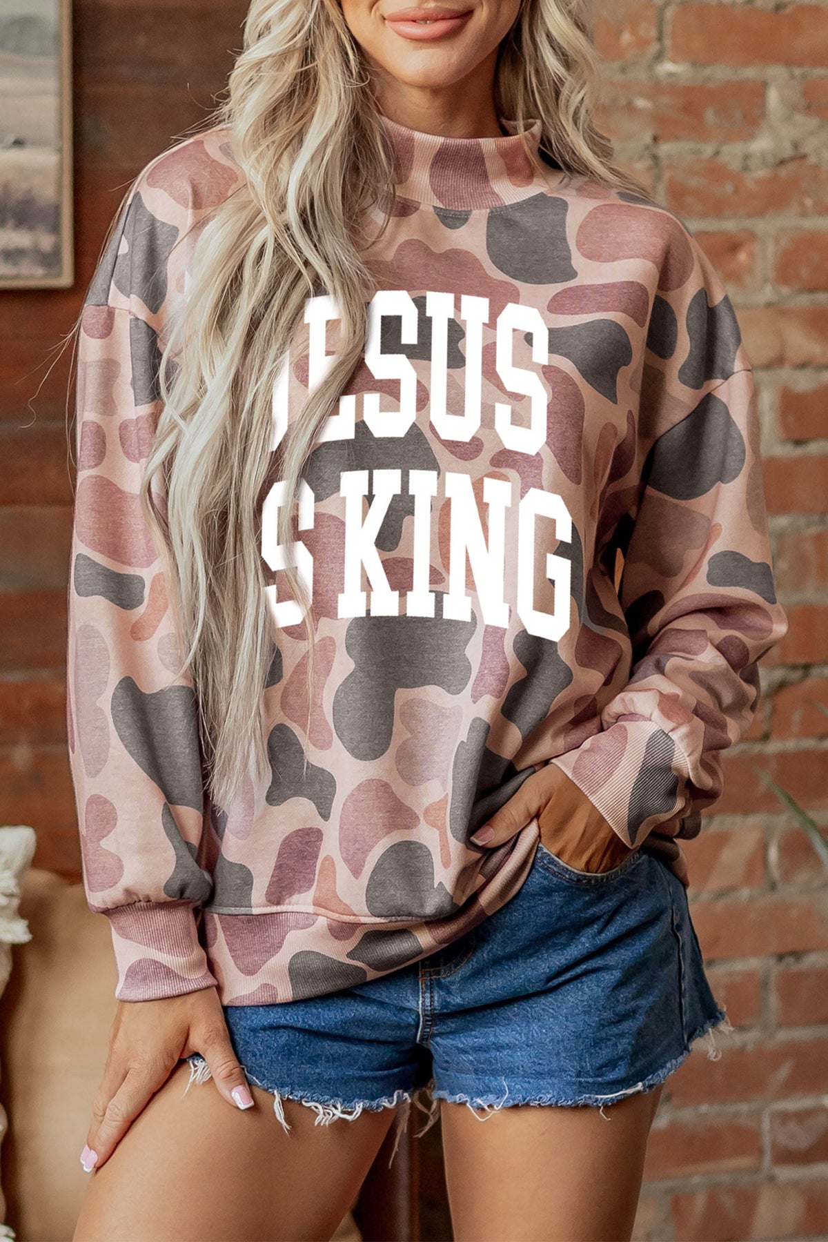 Multicolour Faith Camo Slogan Mock Neck Pullover Sweatshirt