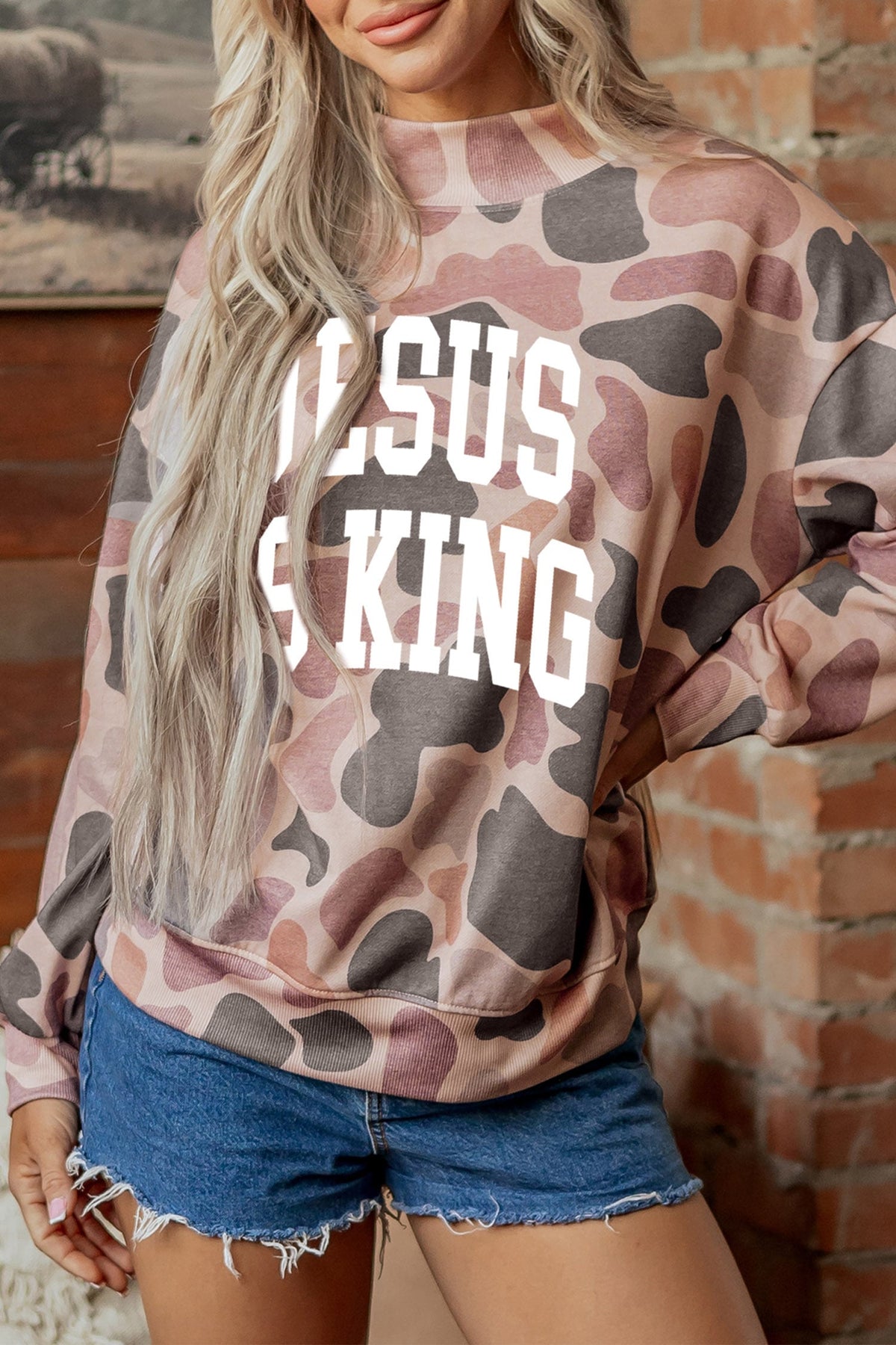 Multicolour Faith Camo Slogan Mock Neck Pullover Sweatshirt