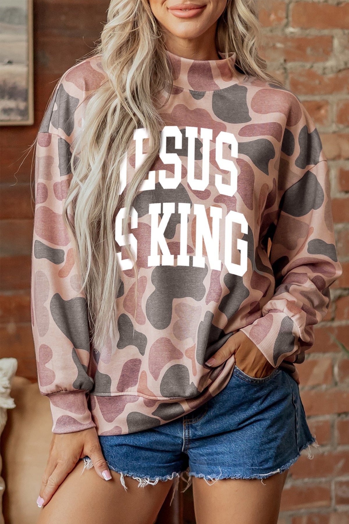 Multicolour Faith Camo Slogan Mock Neck Pullover Sweatshirt