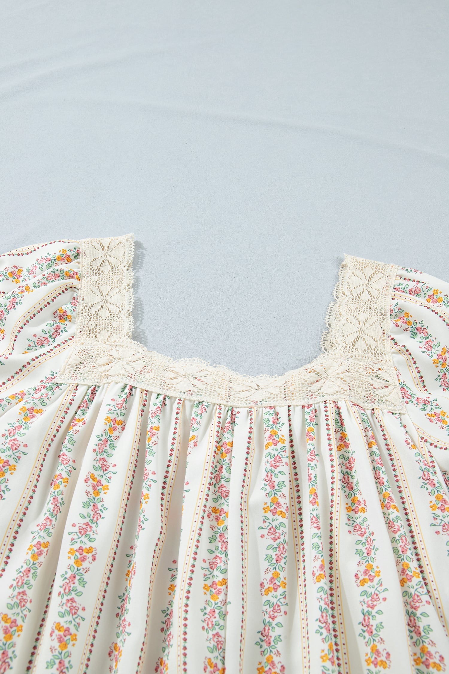Multicolour Floral Print Contrast Ribbon Bow Lace Trim Square Neck Mini Dress