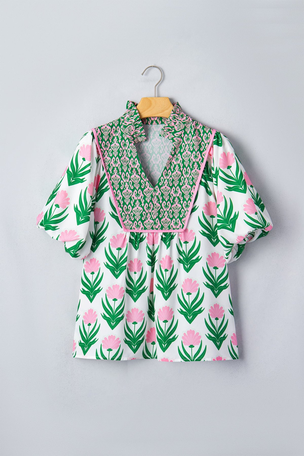 Multicolour Floral Print Puff Sleeve Contrast Bordered V Neck Blouse