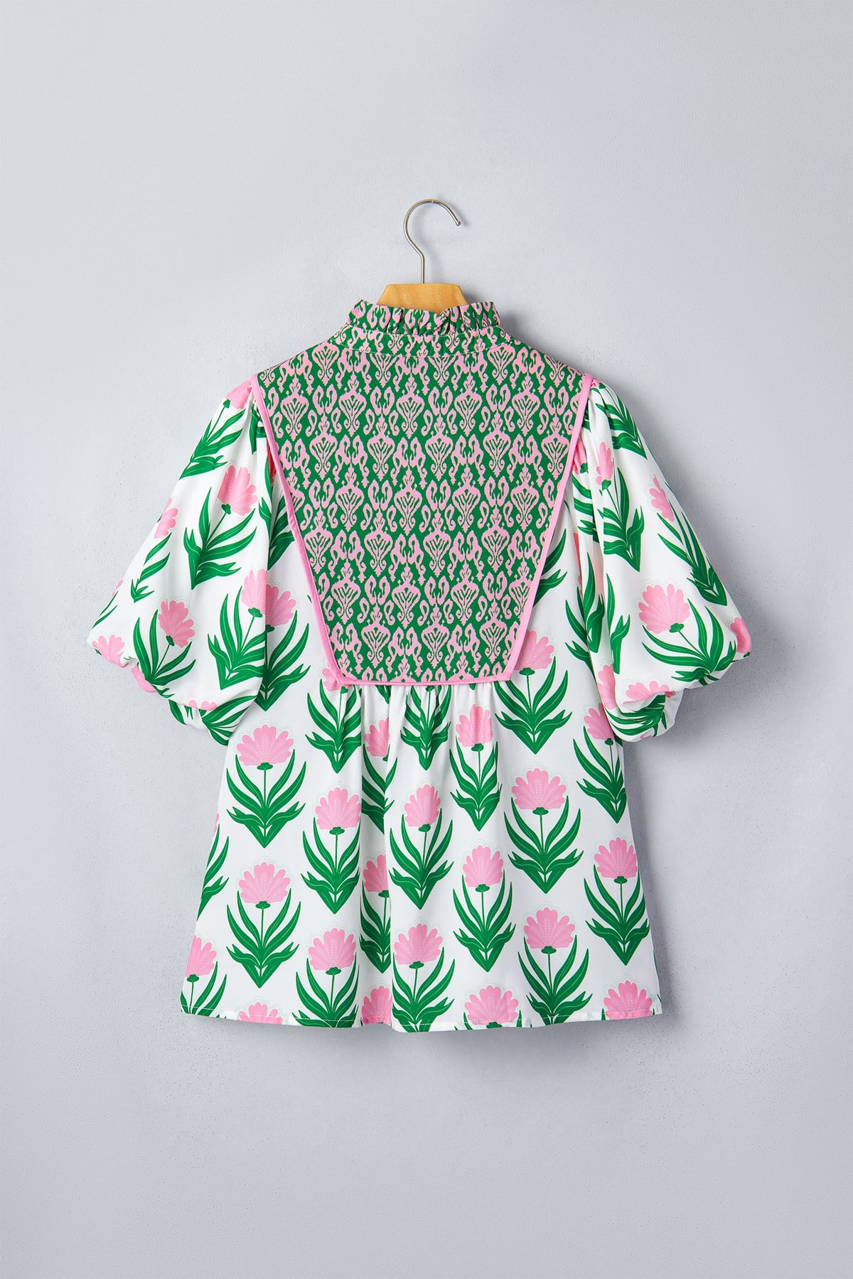 Multicolour Floral Print Puff Sleeve Contrast Bordered V Neck Blouse