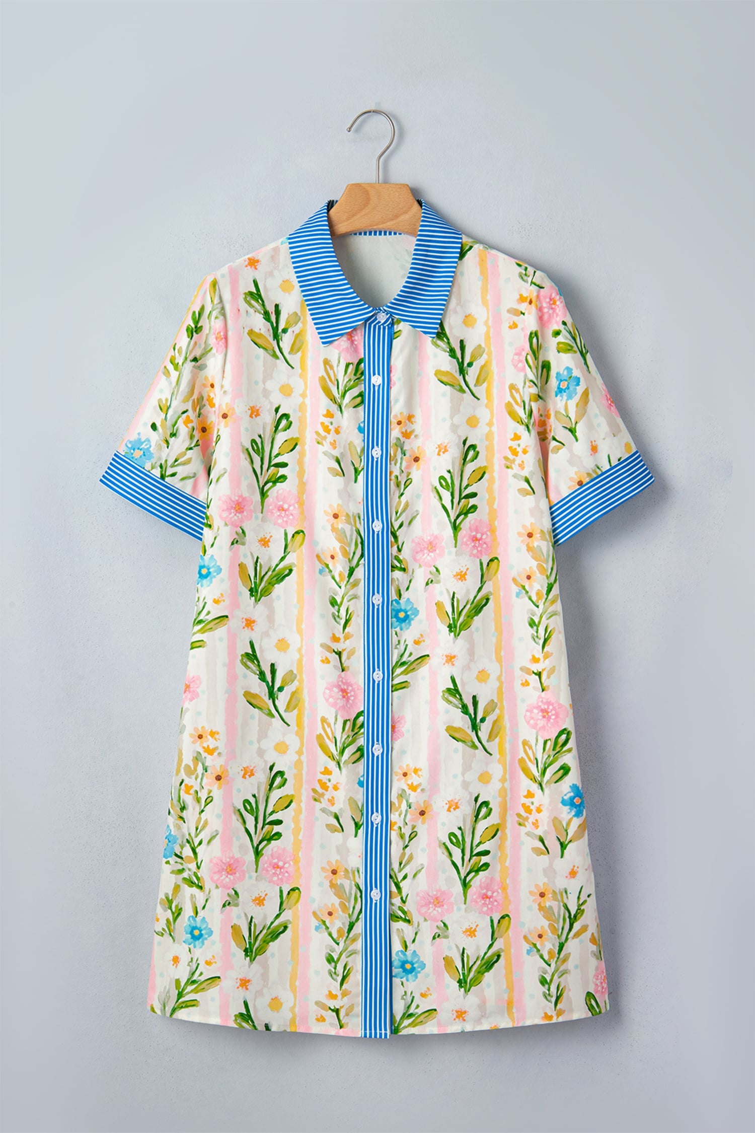 Multicolour Floral Print Striped Trim Button Down Shift Dress