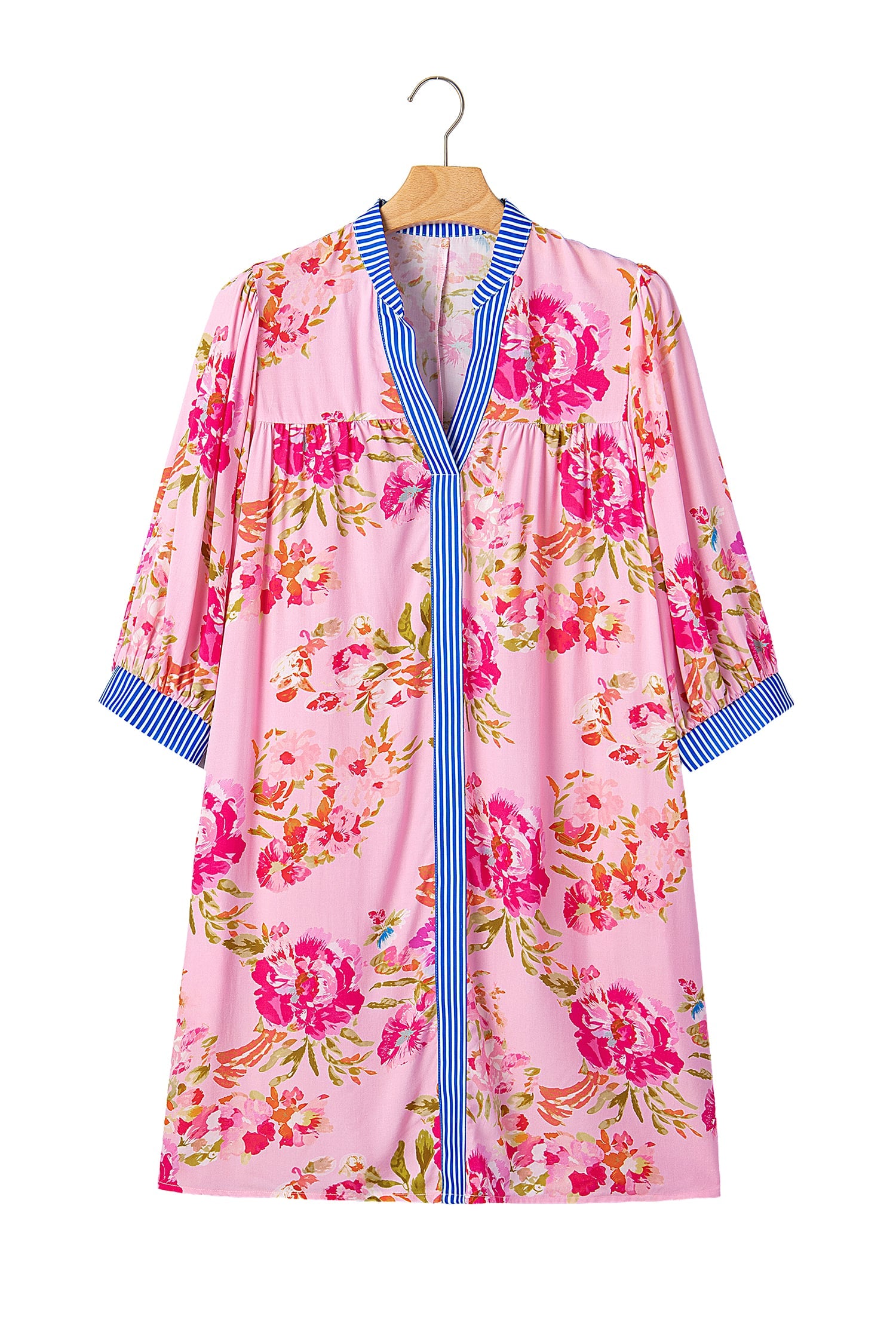 Multicolour Floral Striped Patchwork Trim Half Sleeve Mini Dress