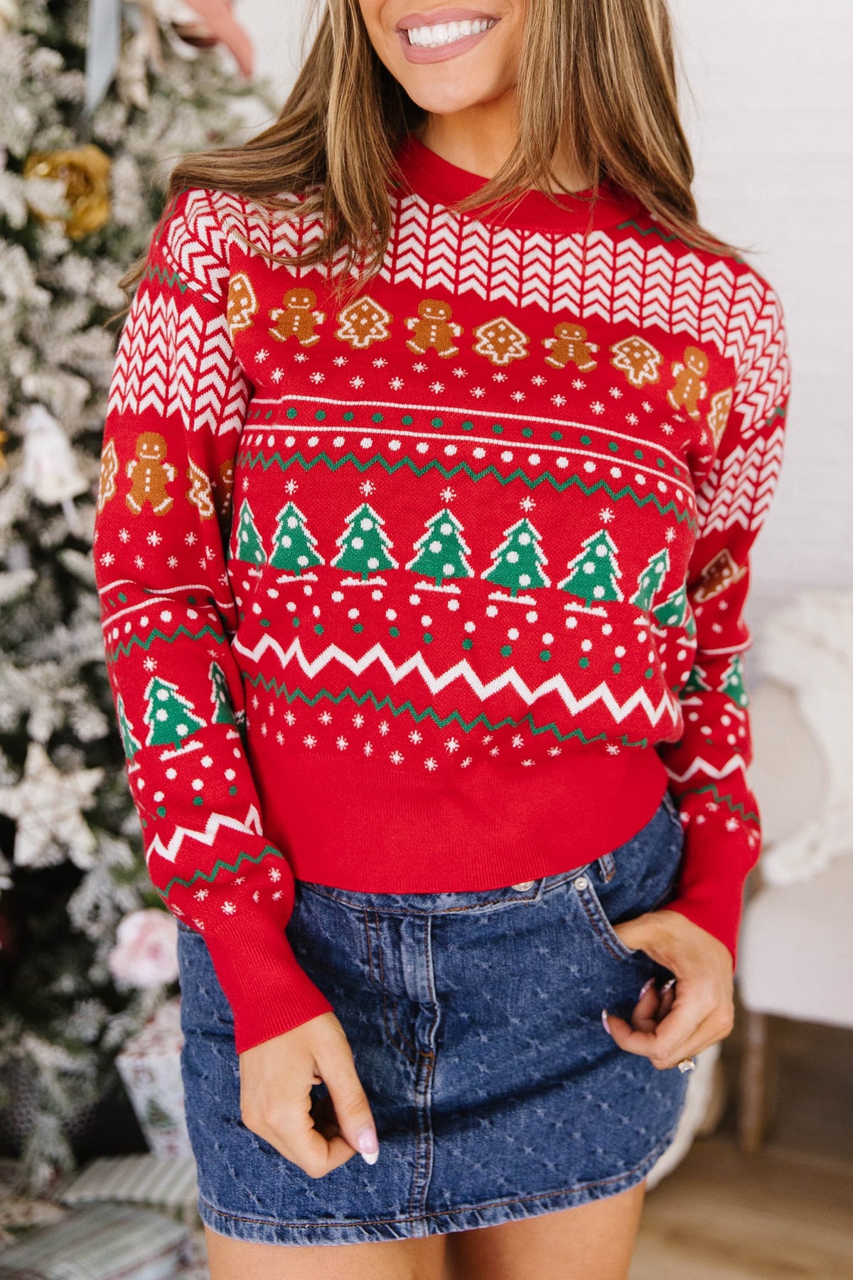 Multicolour Gingerbread Christmas Tree Pattern Round Neck Pullover Sweater