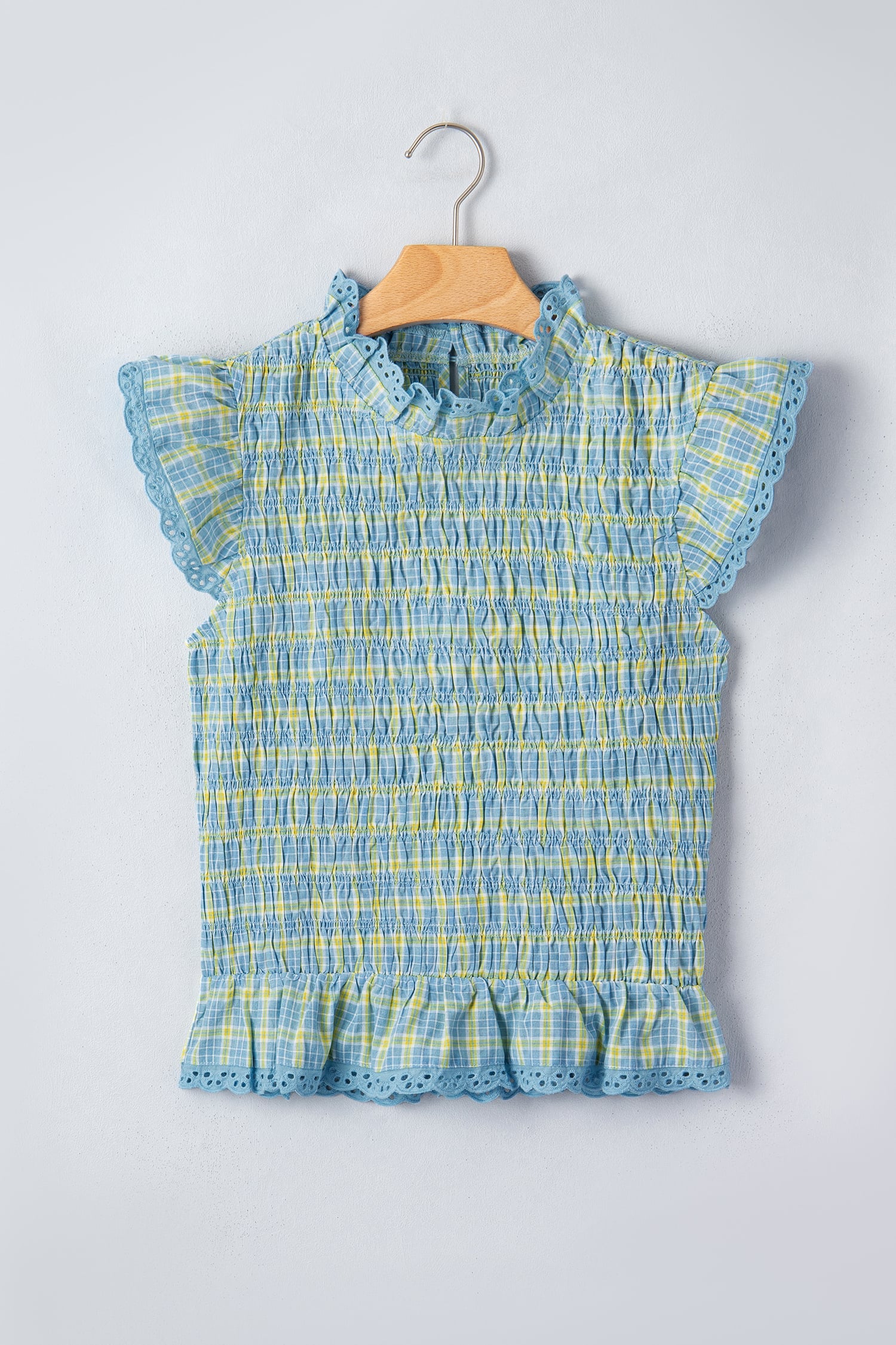 Multicolour Gingham Smoked Lace Trim Tank Top