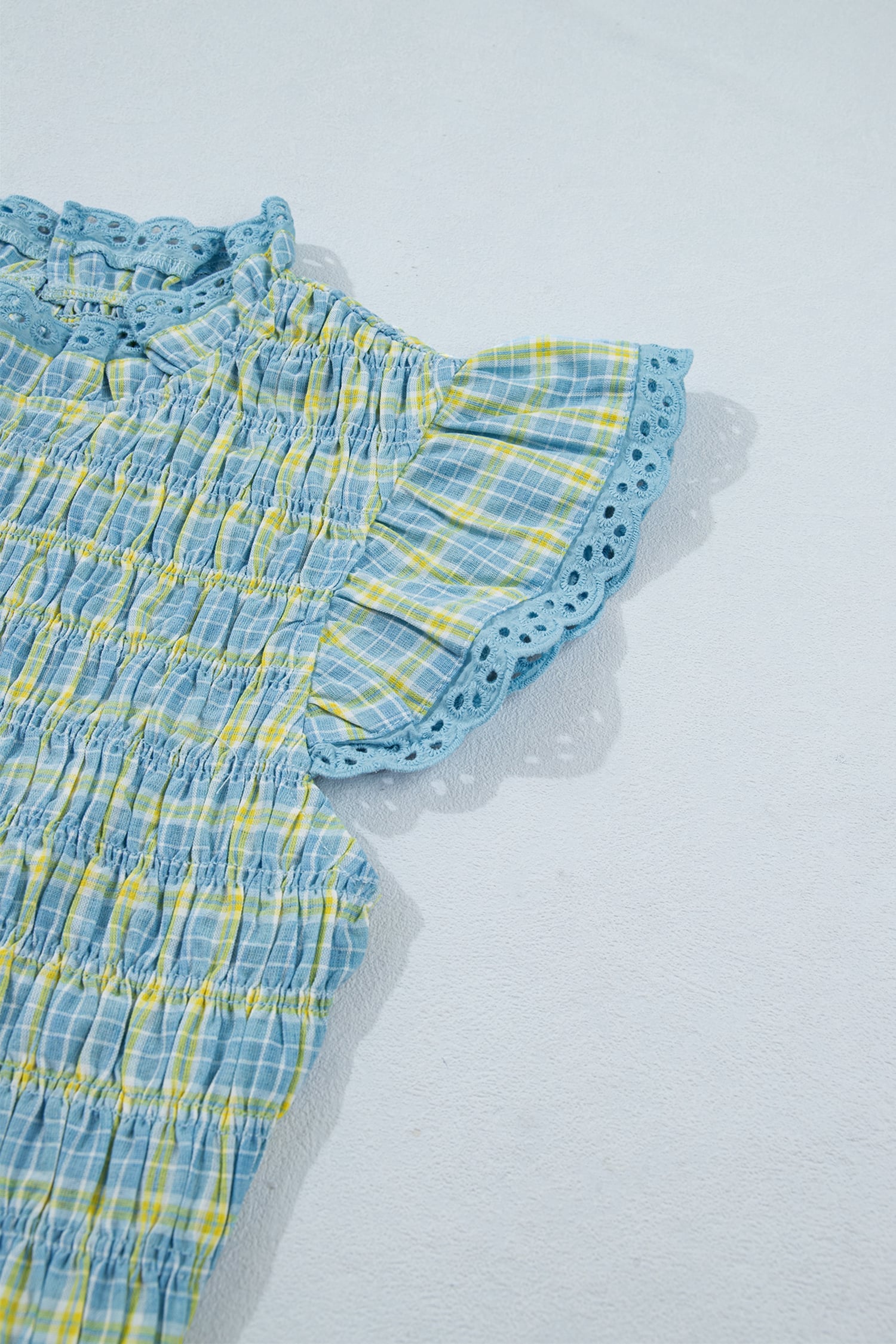 Multicolour Gingham Smoked Lace Trim Tank Top