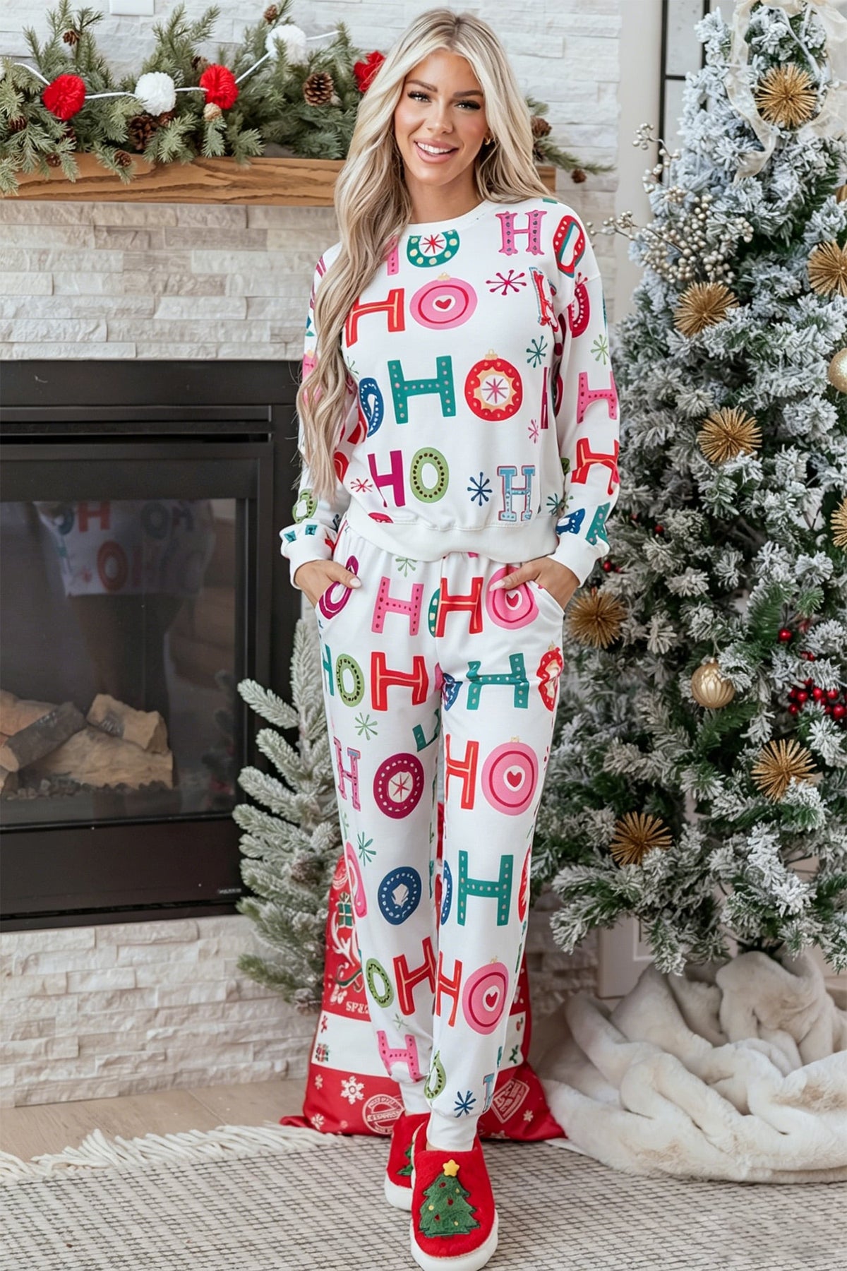 Multicolour Ho Ho Ho Print Long Sleeve Lounge Set