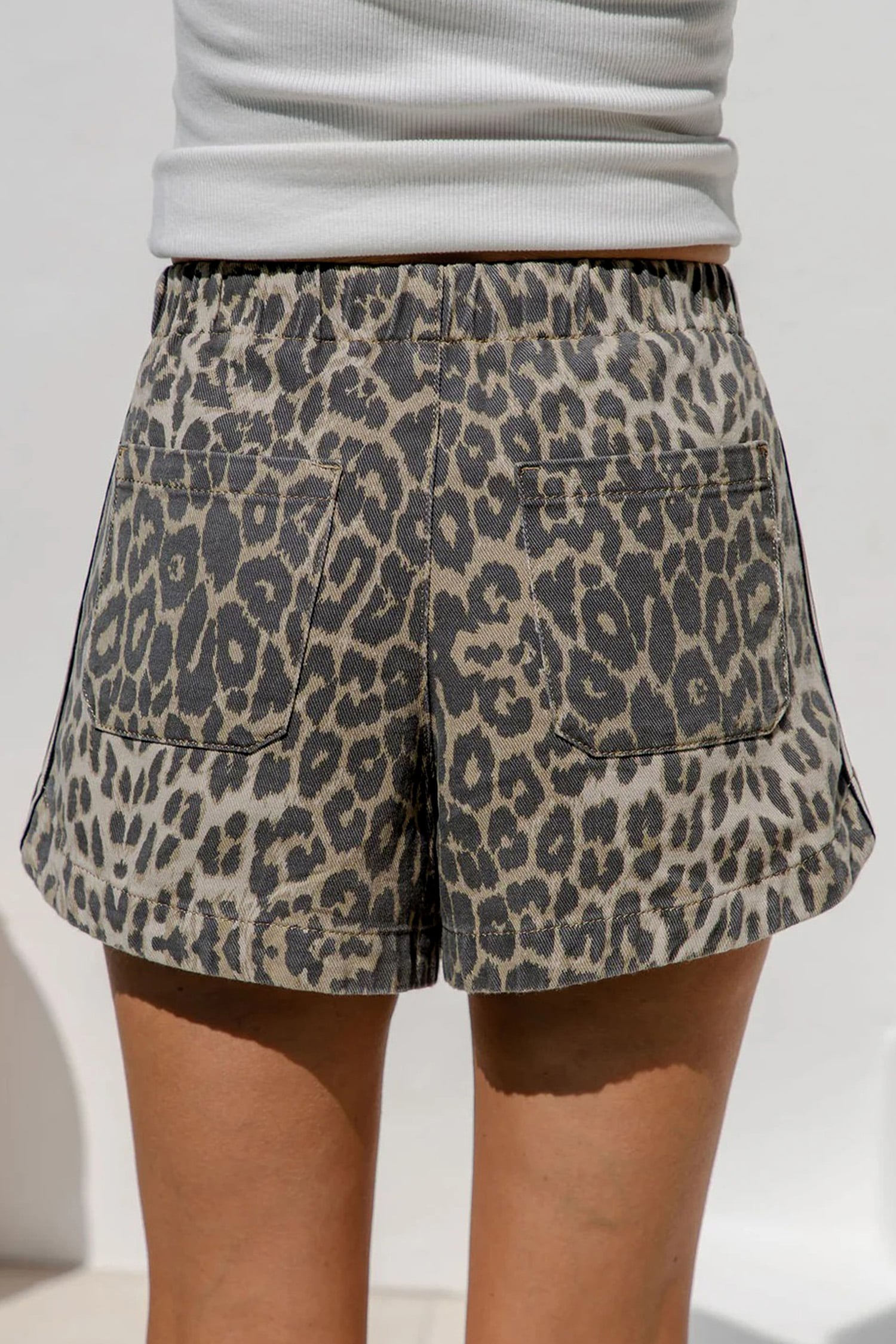 Multicolour Leopard Pattern Striped Detail Drawstring Denim Shorts