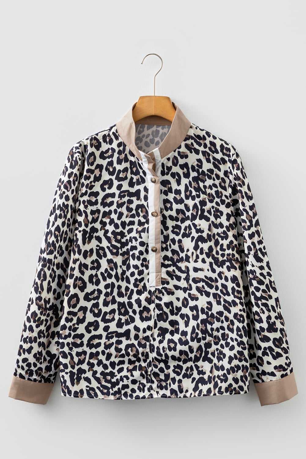 Multicolour Leopard Print Contrast Patchwork Cuffs Button Collared Top
