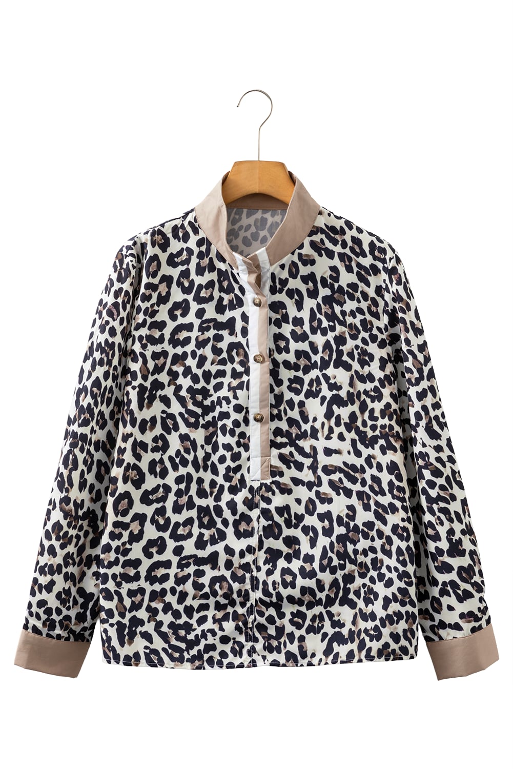 Multicolour Leopard Print Contrast Patchwork Cuffs Button Collared Top
