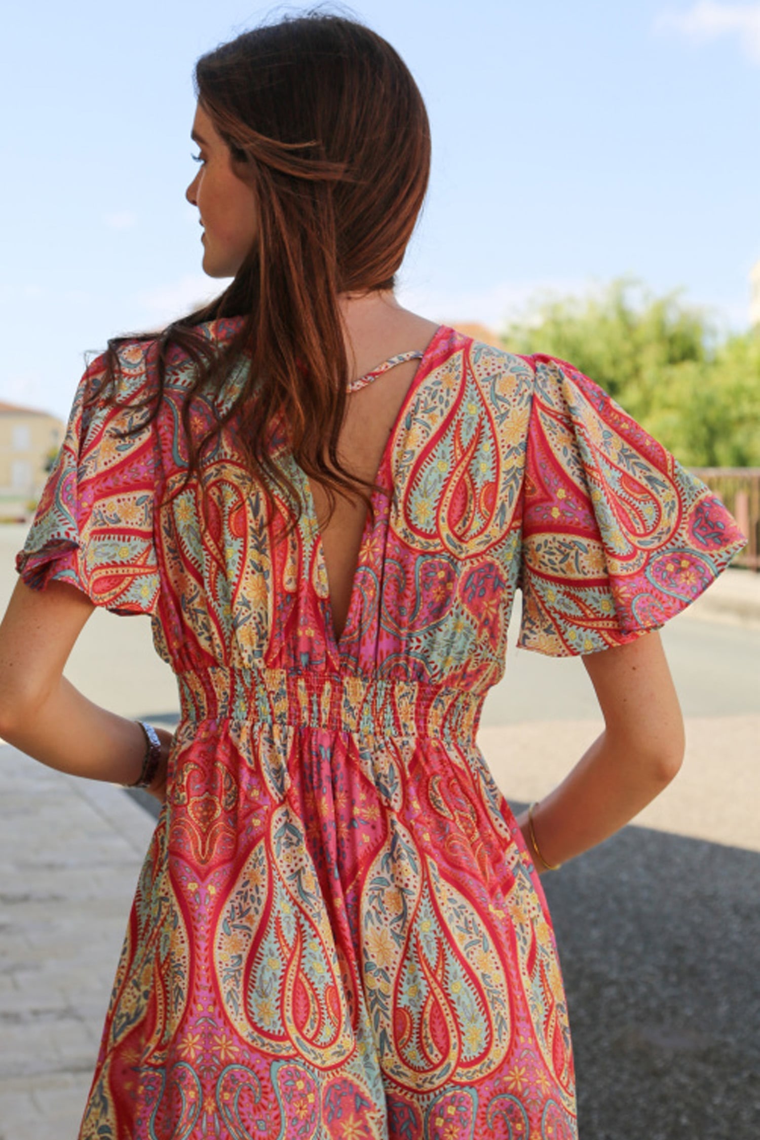 Multicolour Paisley Print V-Neck Short Sleeve Boho Maxi Dress with Ruffle Details