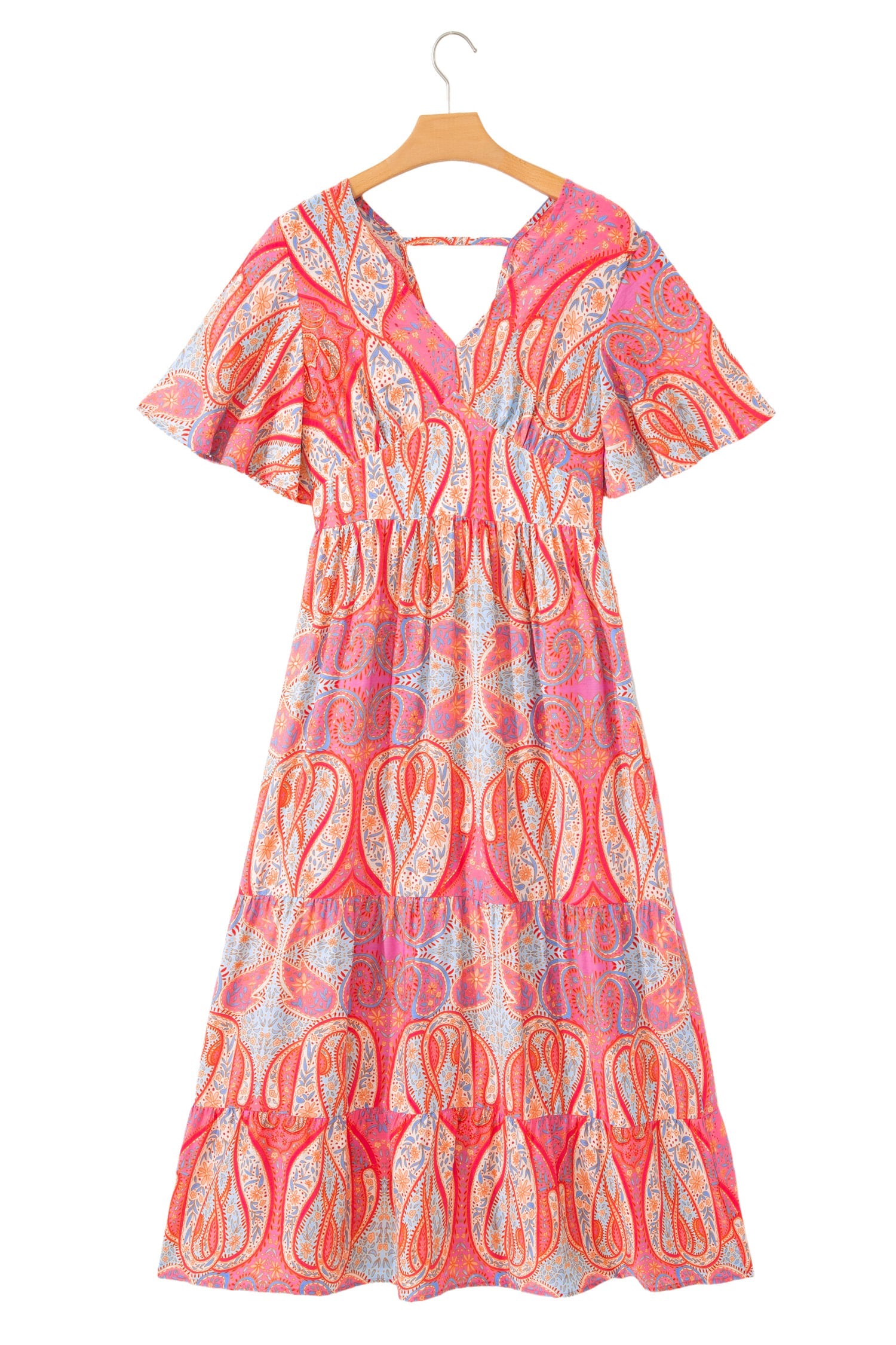 Multicolour Paisley Print V-Neck Short Sleeve Boho Maxi Dress with Ruffle Details