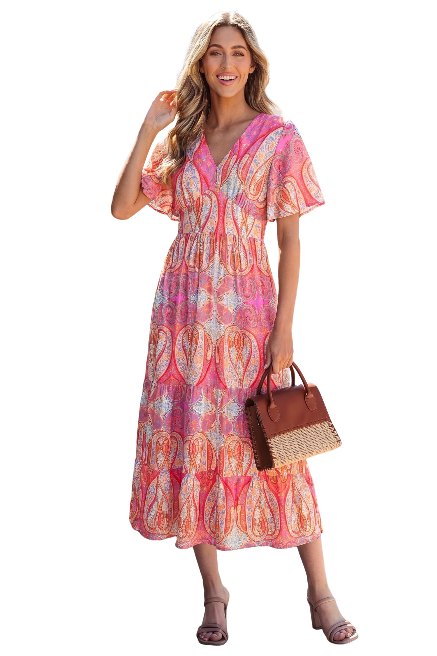 Multicolour Paisley Print V-Neck Short Sleeve Boho Maxi Dress with Ruffle Details
