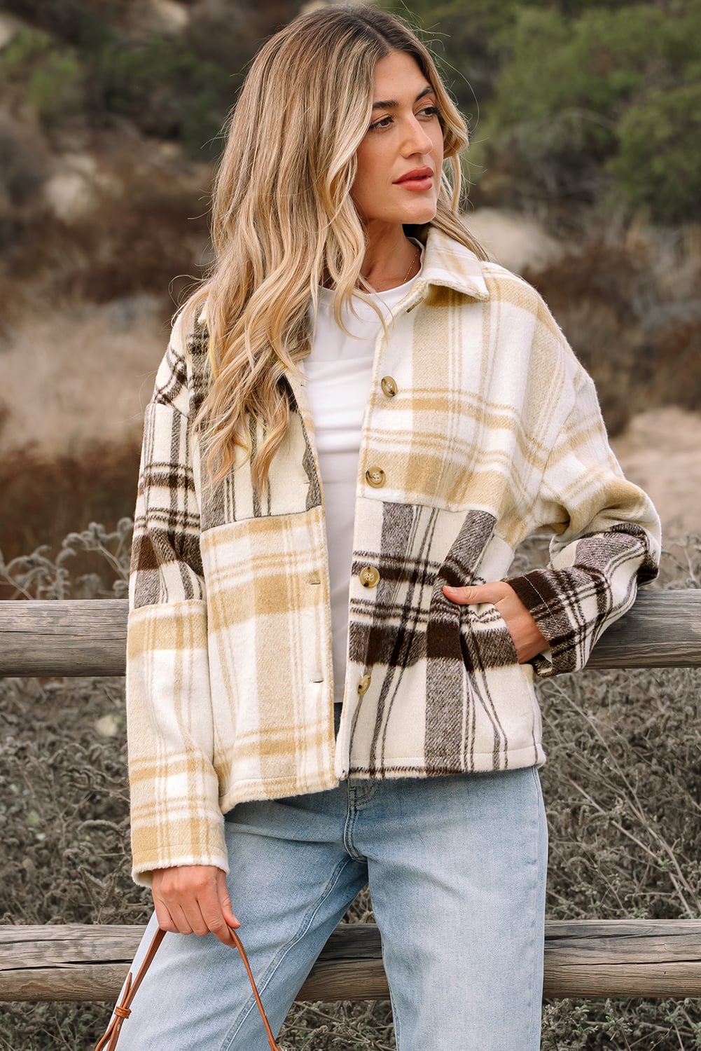 Multicolour Plaid Patchwork Side Pockets Buttoned Shacket
