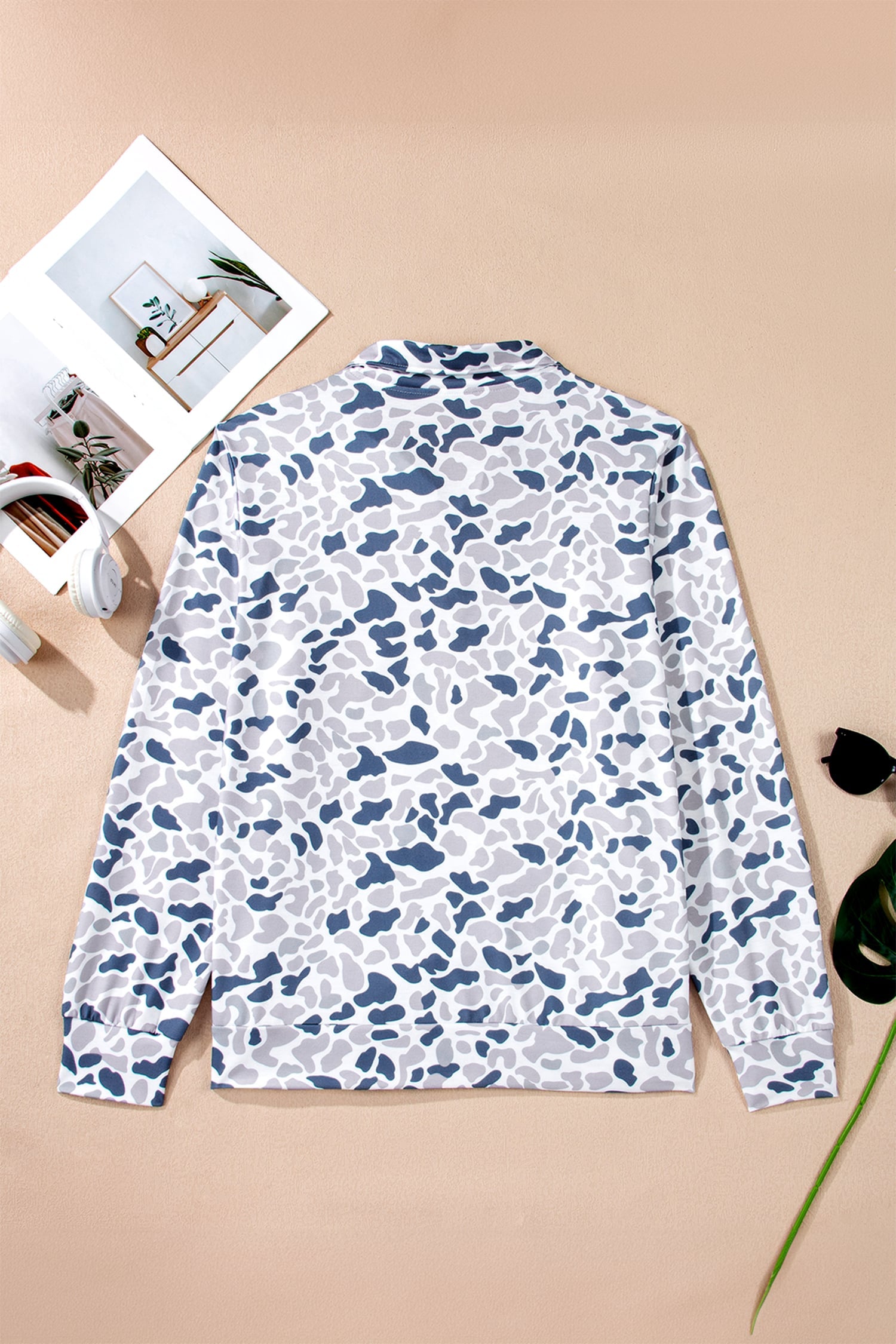 Multicolour Plus Camouflage Print Quarter Zip Kangaroo Pocket Pullover Sweatshirt