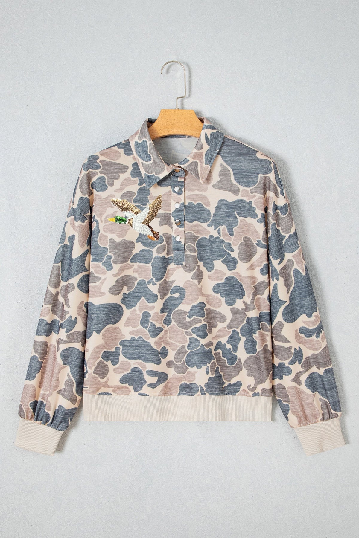 Multicolour Sequin Duck Camo Collared Pullover Sweatshirt